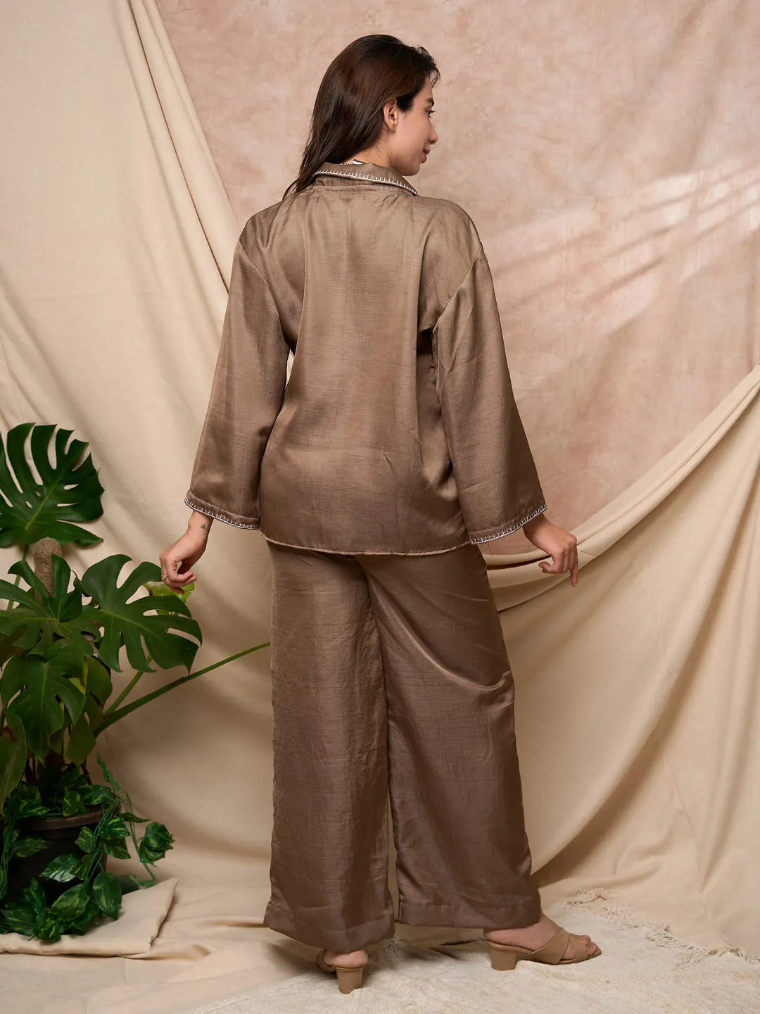 Mocha Mousse Overlap Shirt Pant Set