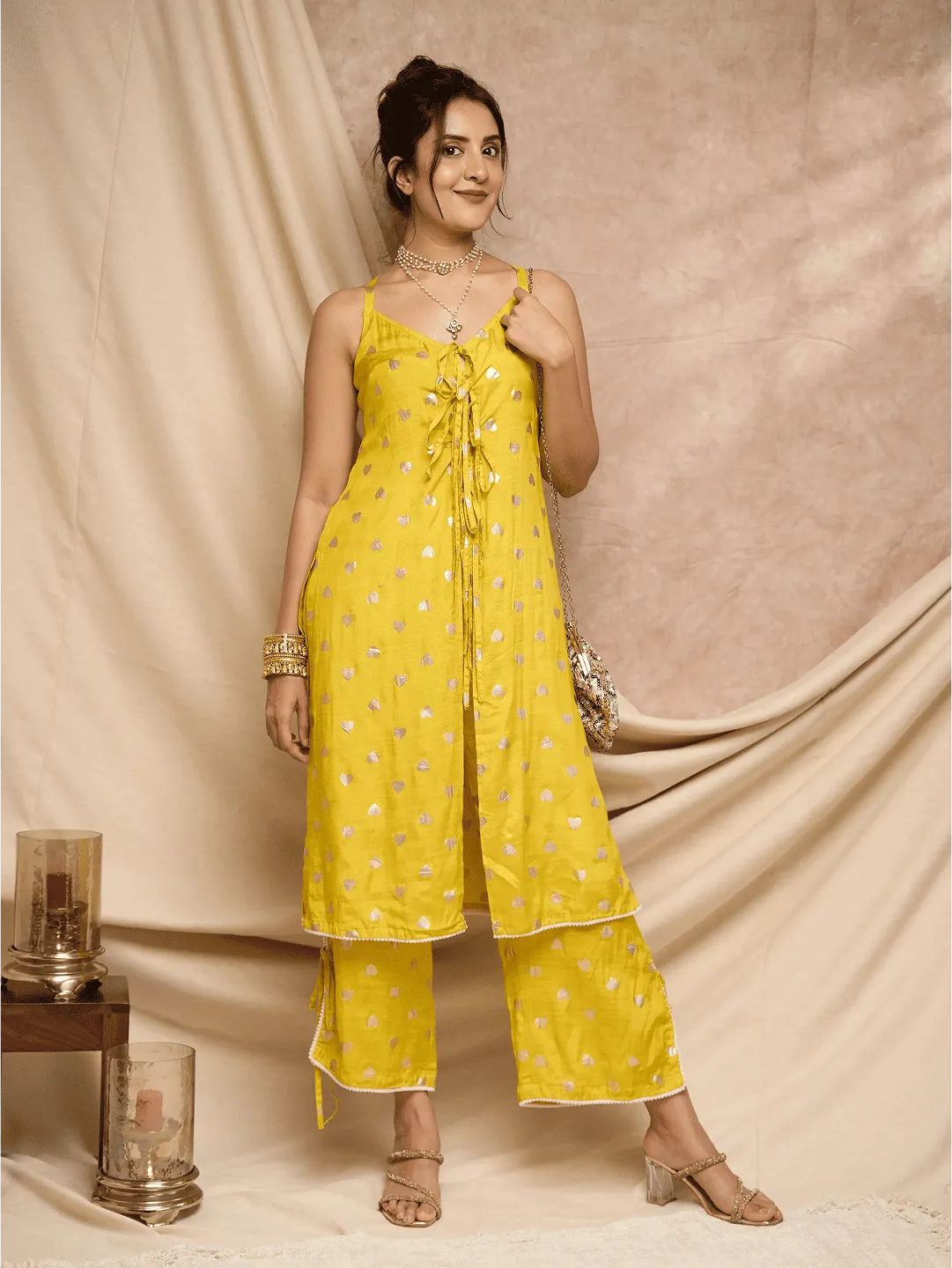 Lime Green Foil Printed Kurta Set