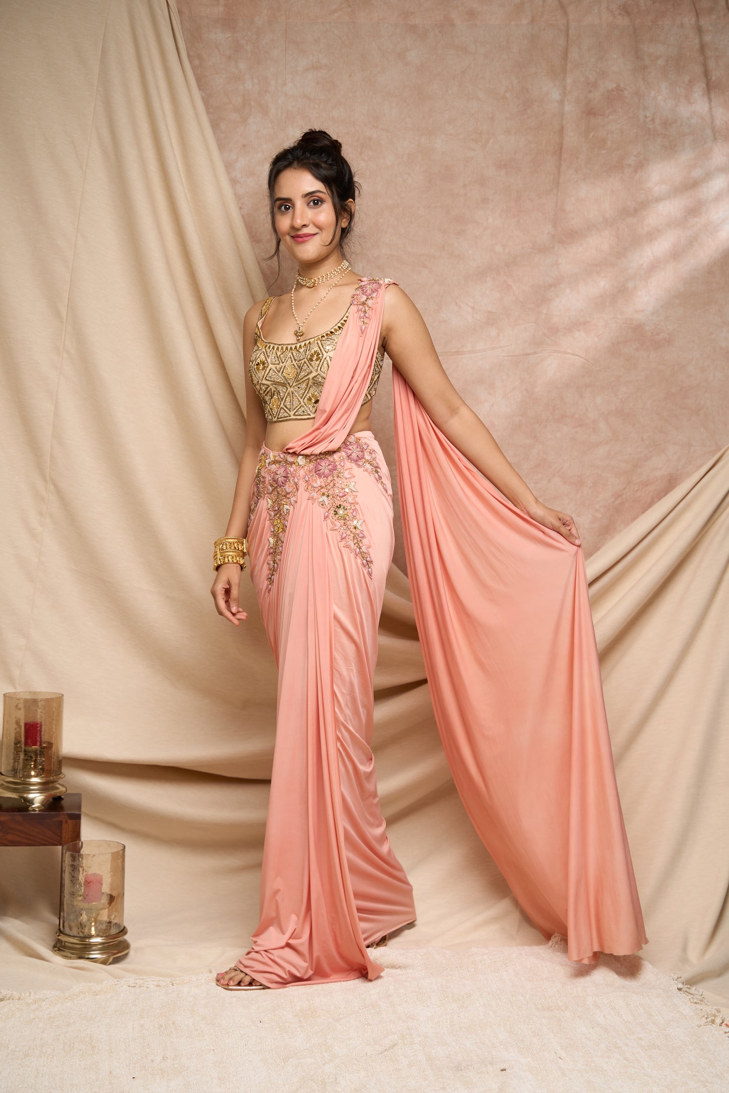 Peach pre-stitched saree with acrylic embroidered blouse