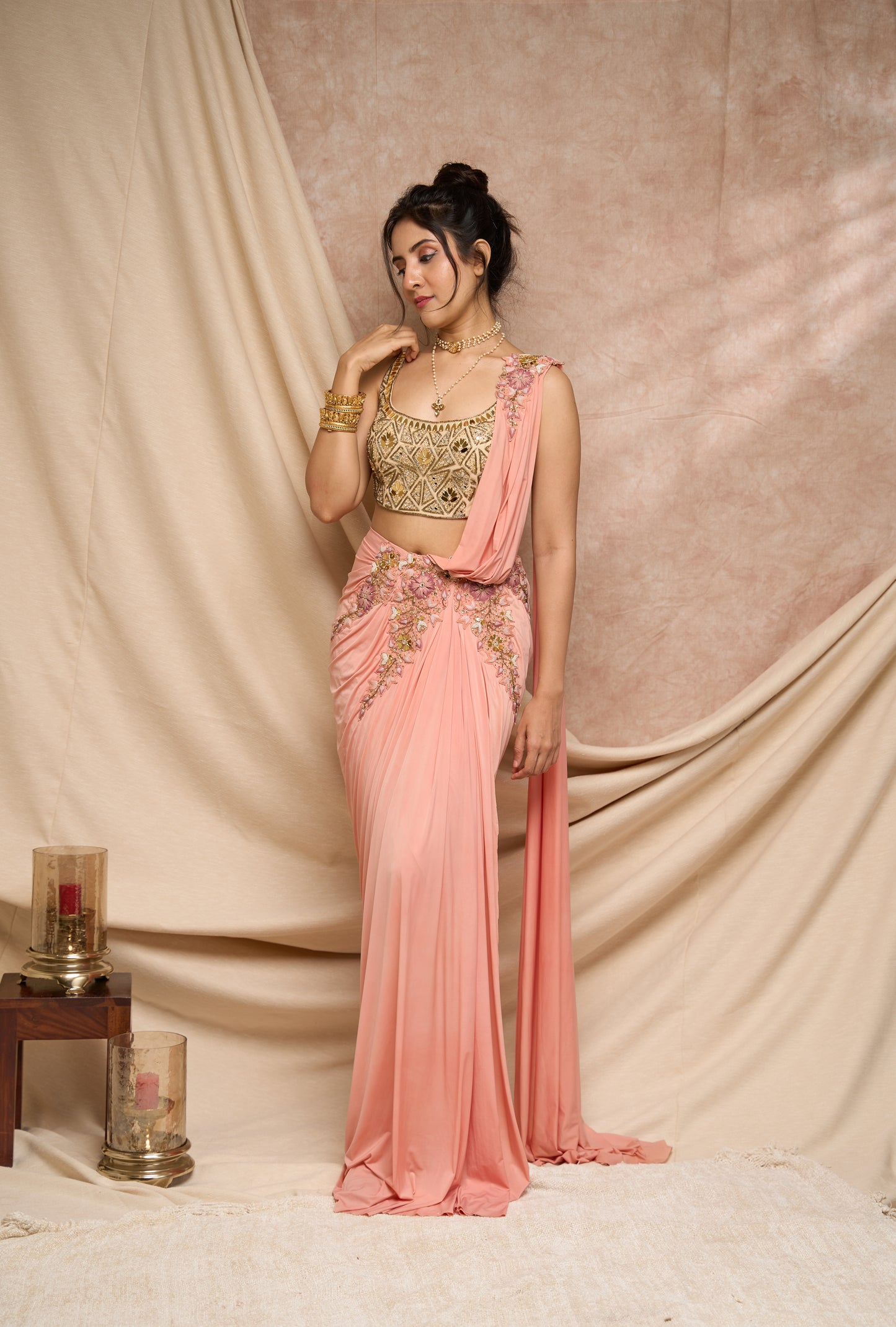 Peach pre-stitched saree with acrylic embroidered blouse