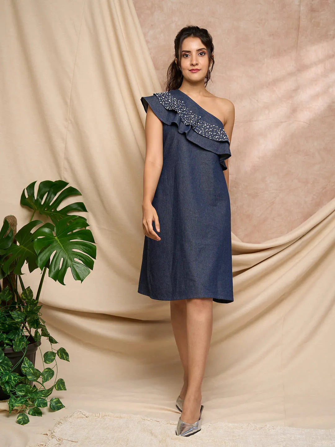 denim one shoulder dress