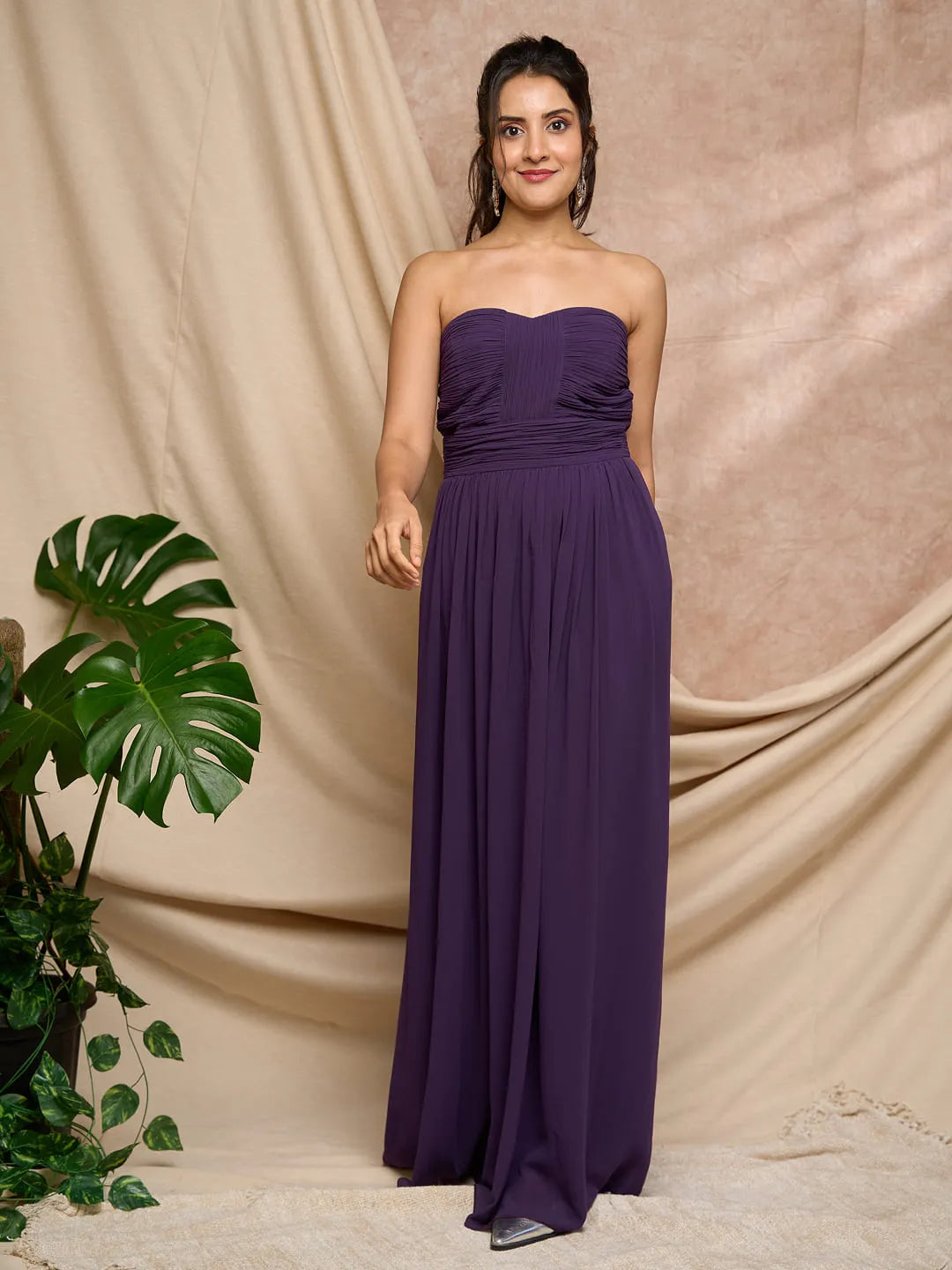 pleated long wine dress