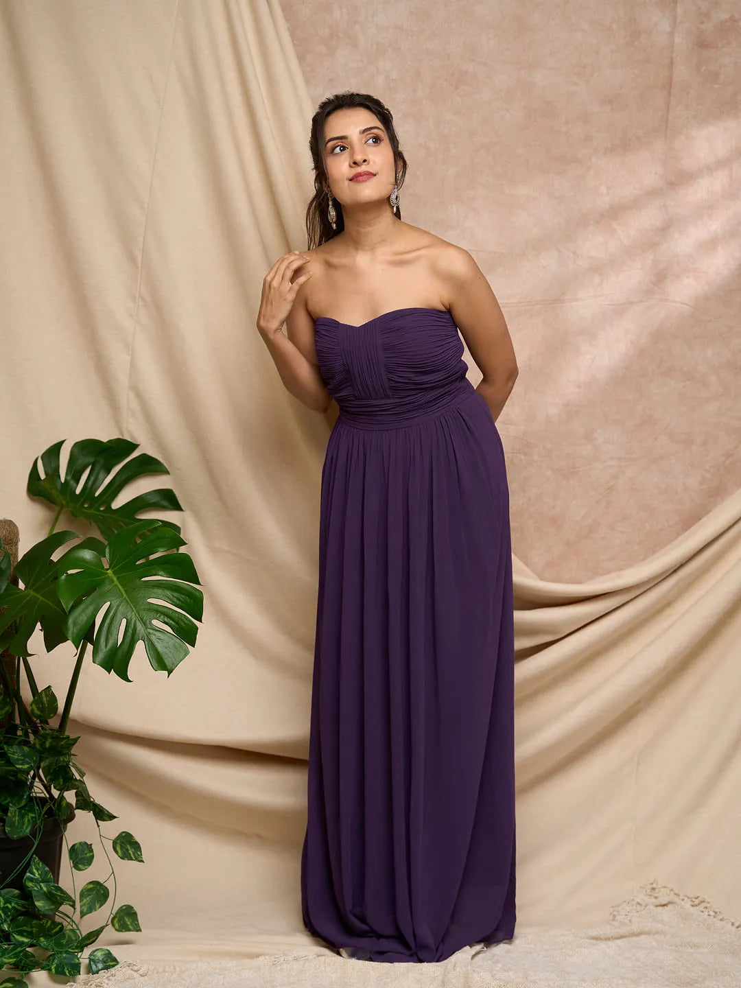 pleated long wine dress