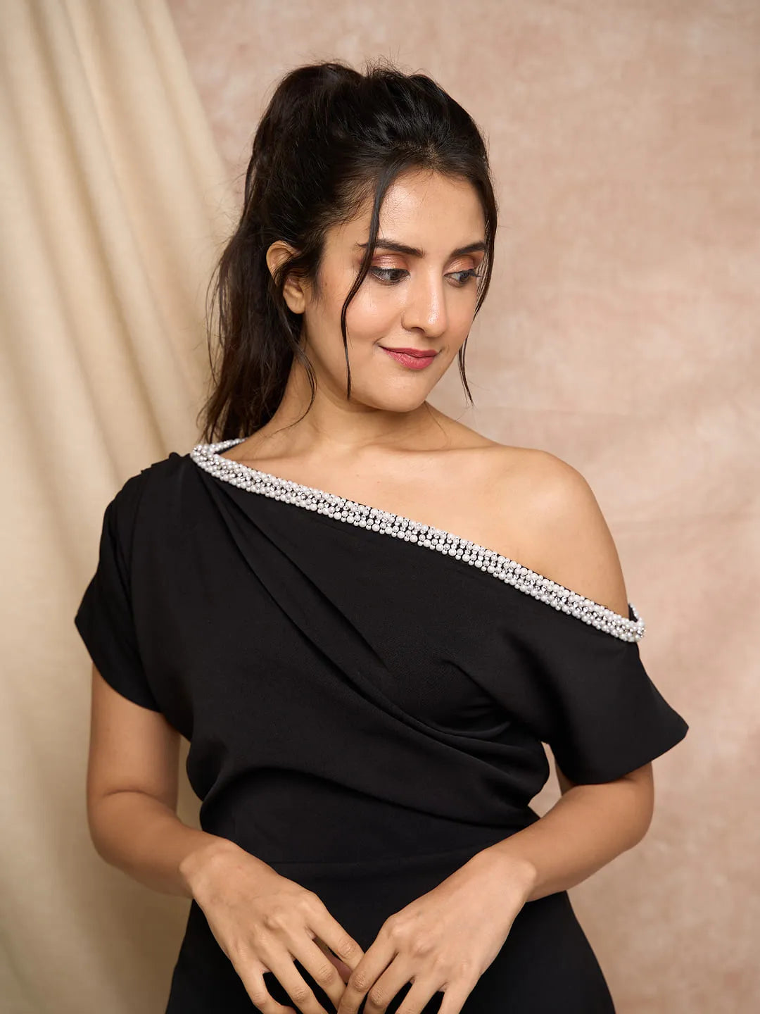 Black off shoulder embellished dress