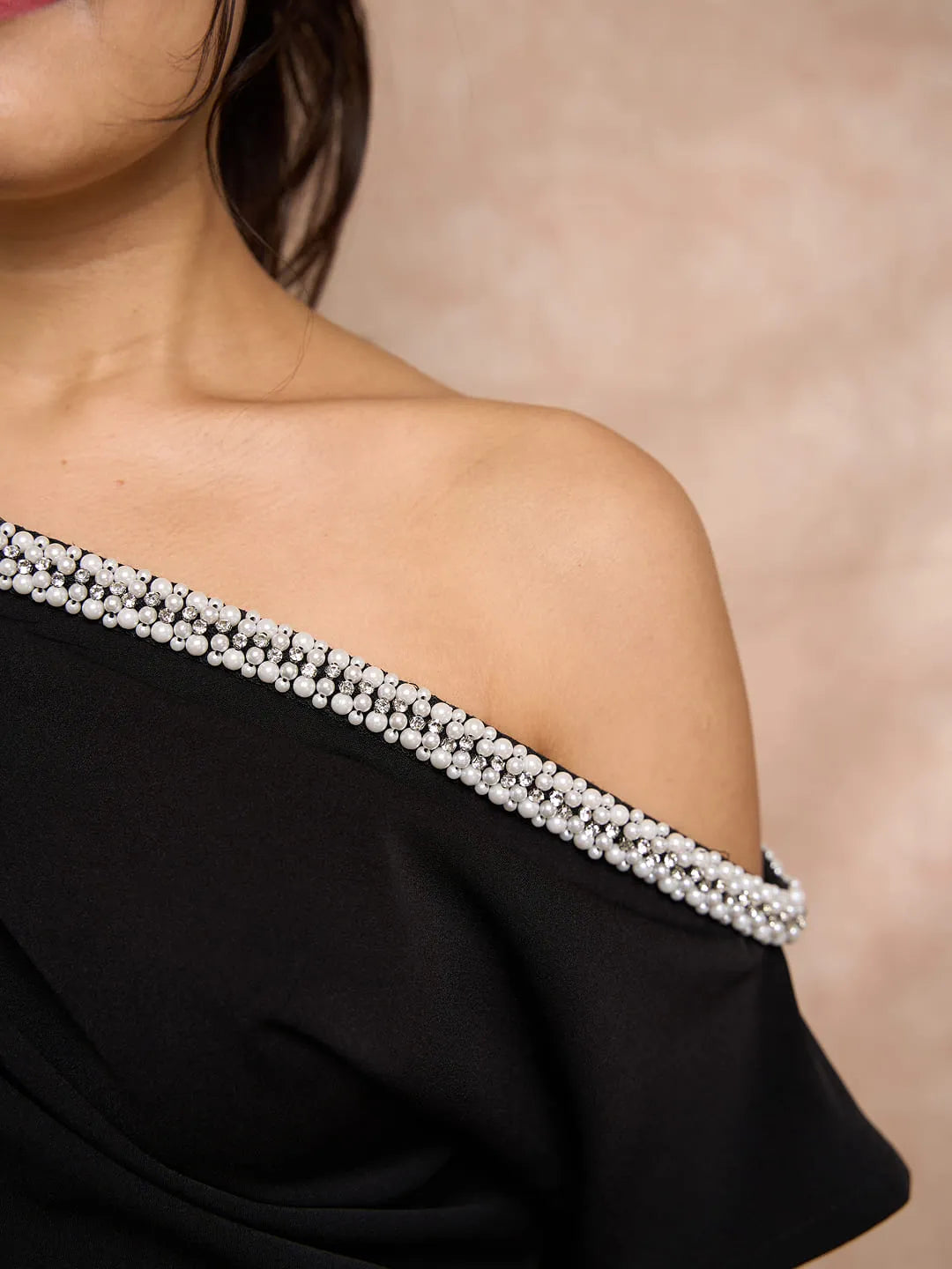 Black off shoulder embellished dress