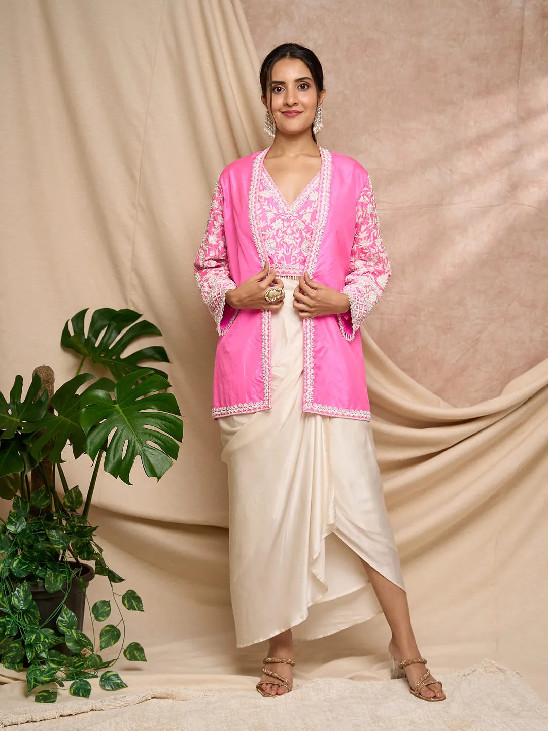 Hot pink Aari work jacket and blouse