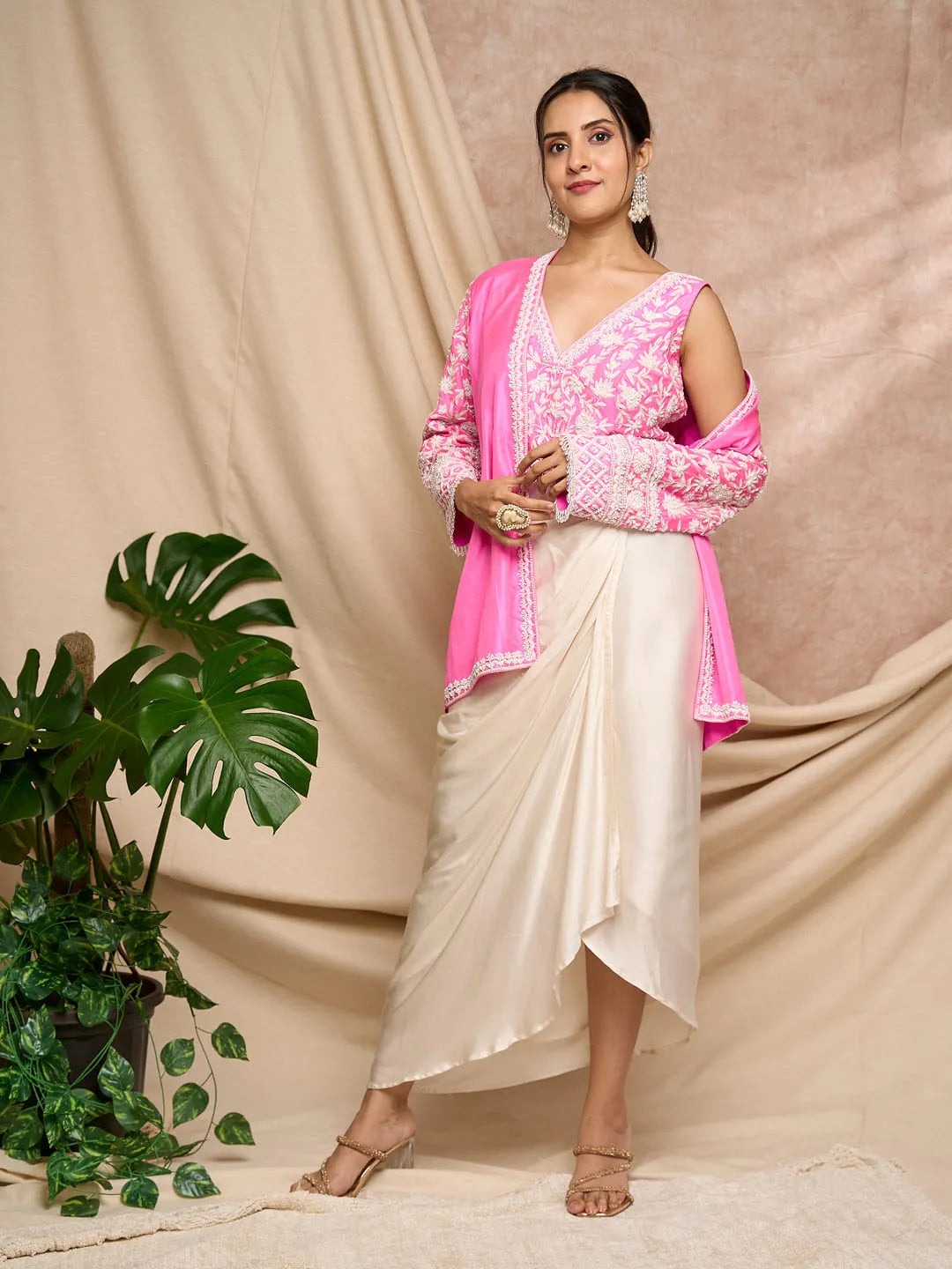 Hot pink Aari work jacket and blouse