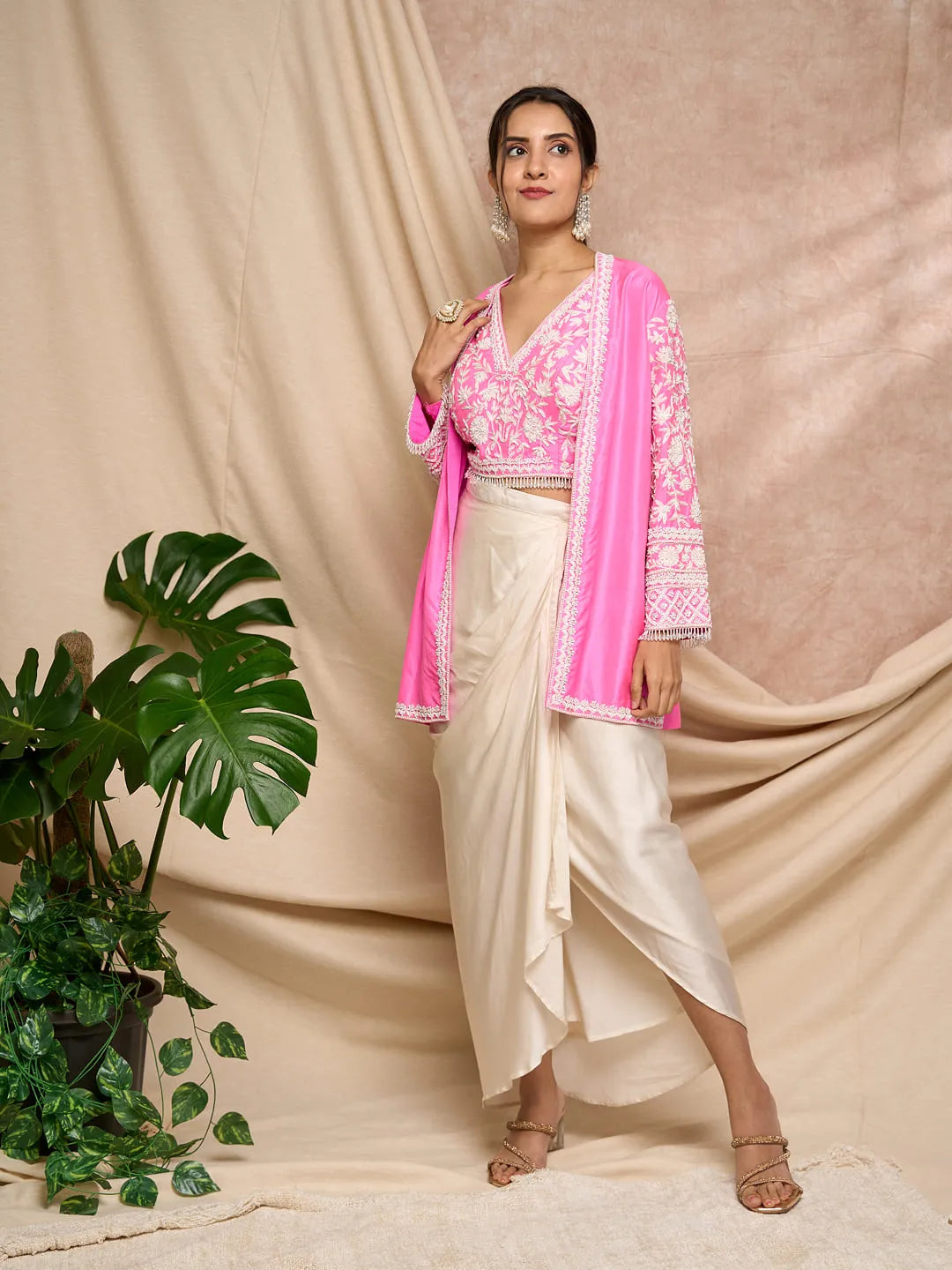Hot pink Aari work jacket and blouse
