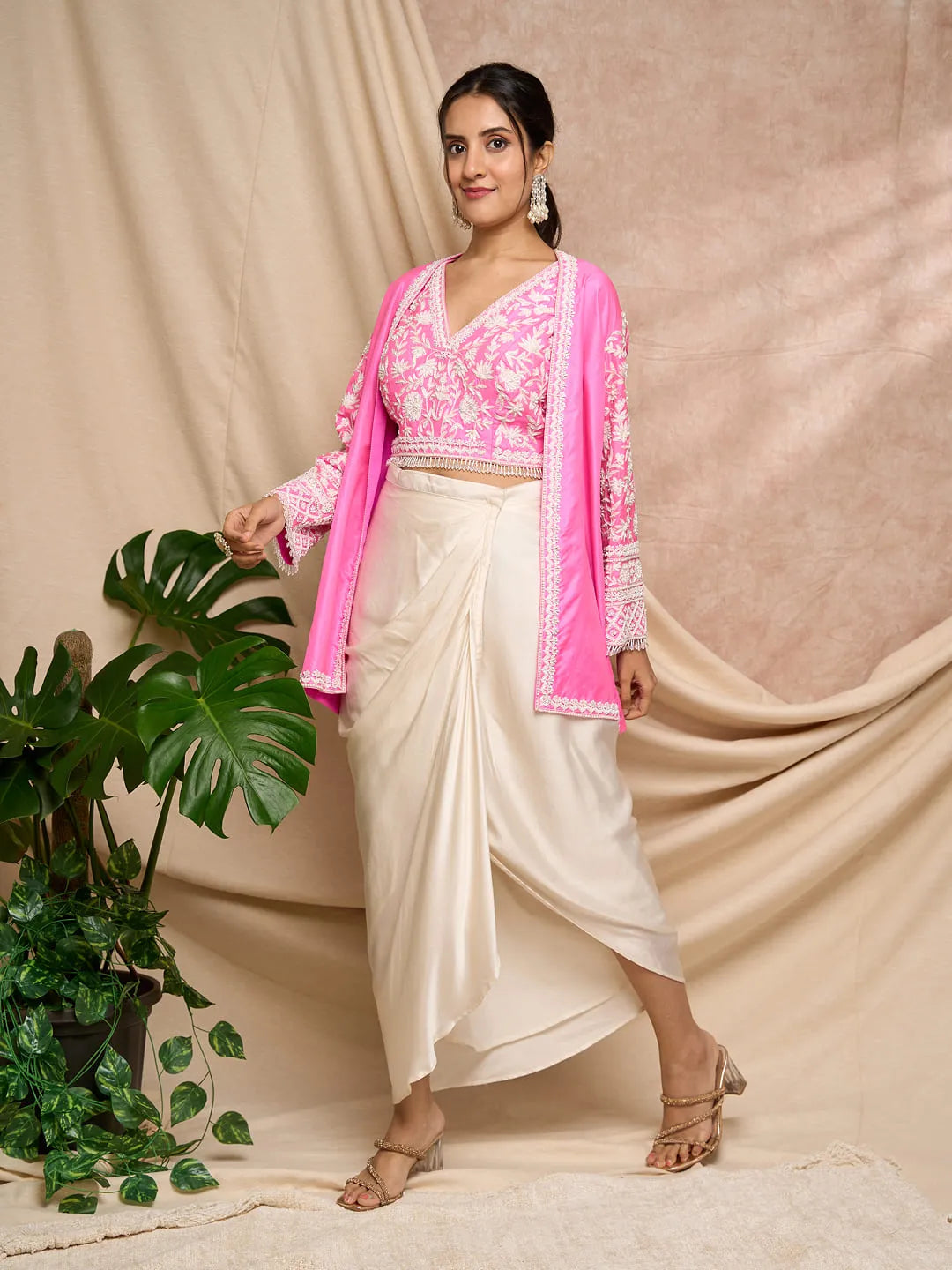 Hot pink Aari work jacket and blouse