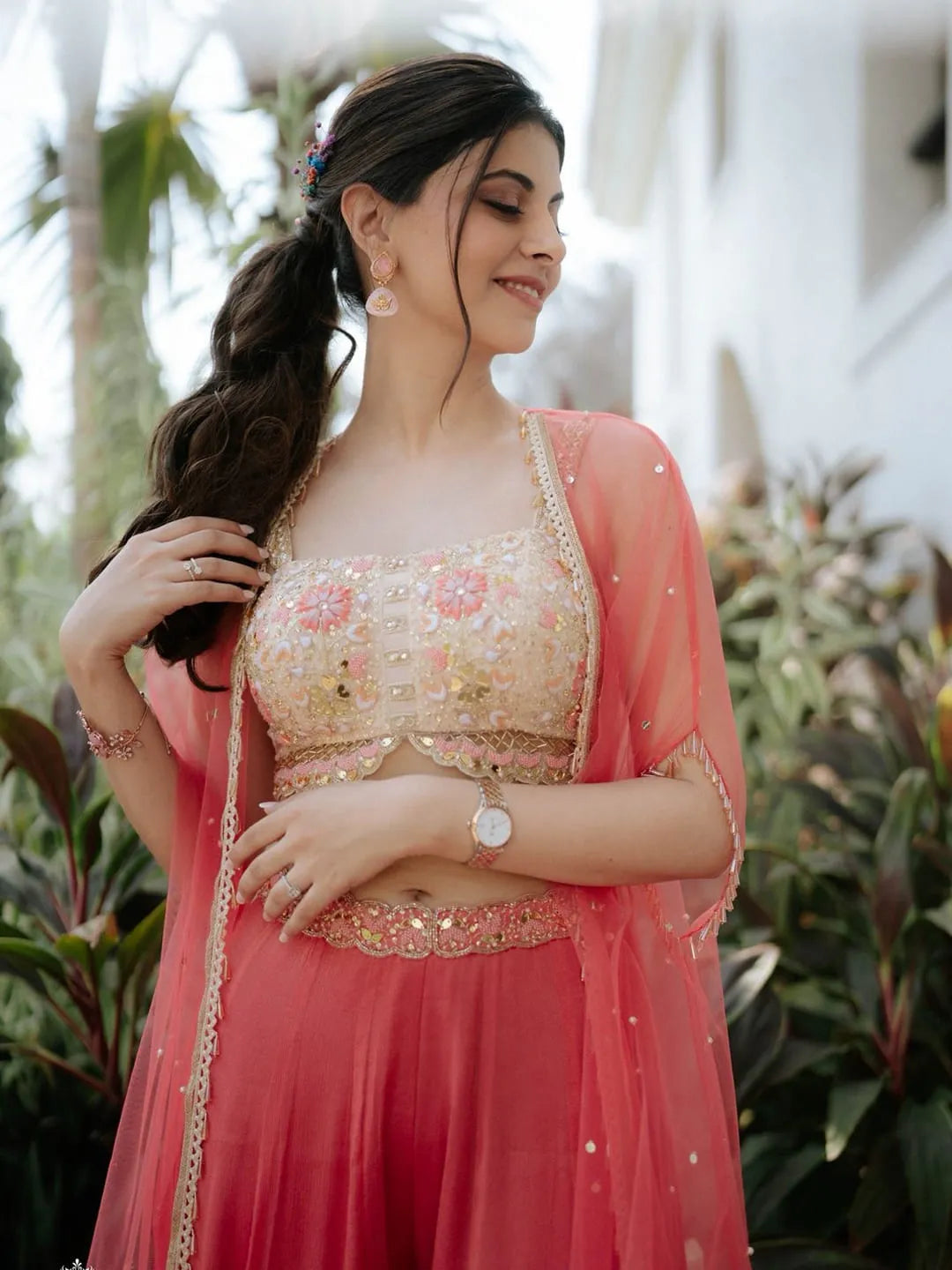 Coral pallazo with embroidered blouse and cape set