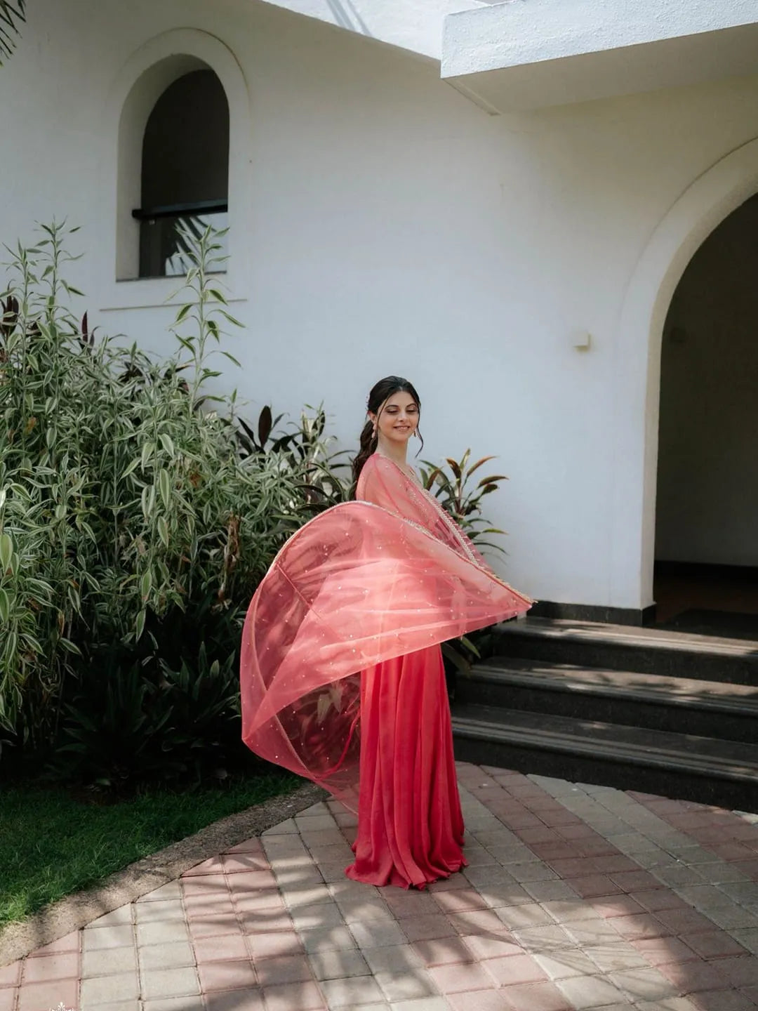 Coral pallazo with embroidered blouse and cape set