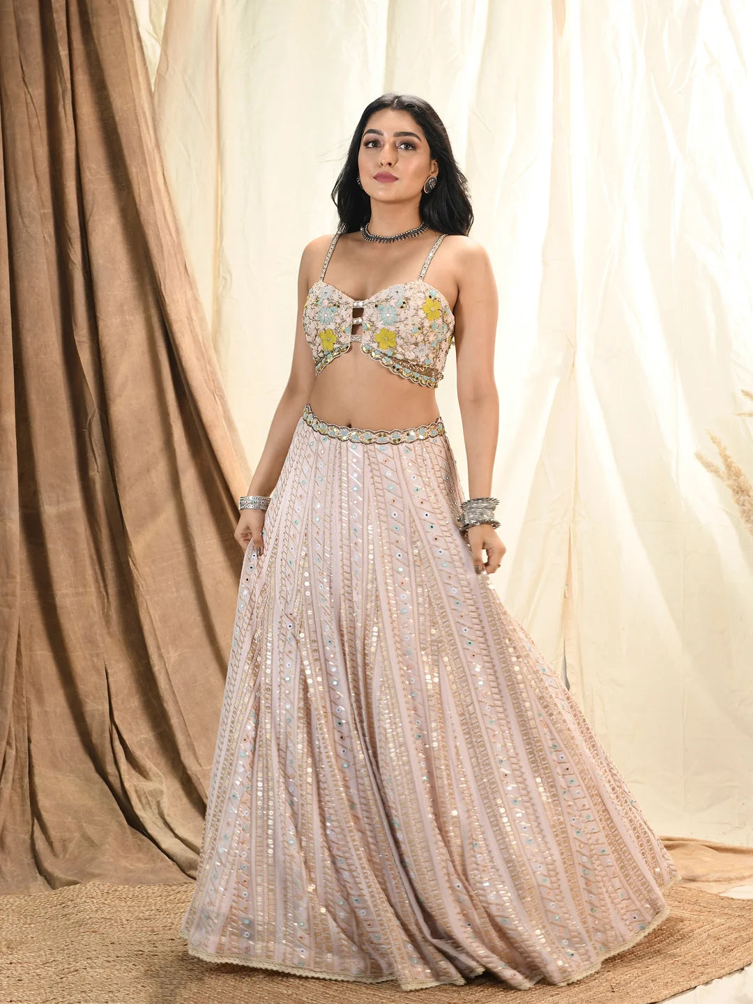Pastel mirror & sequin embroidered lehenga & strappy blouse set