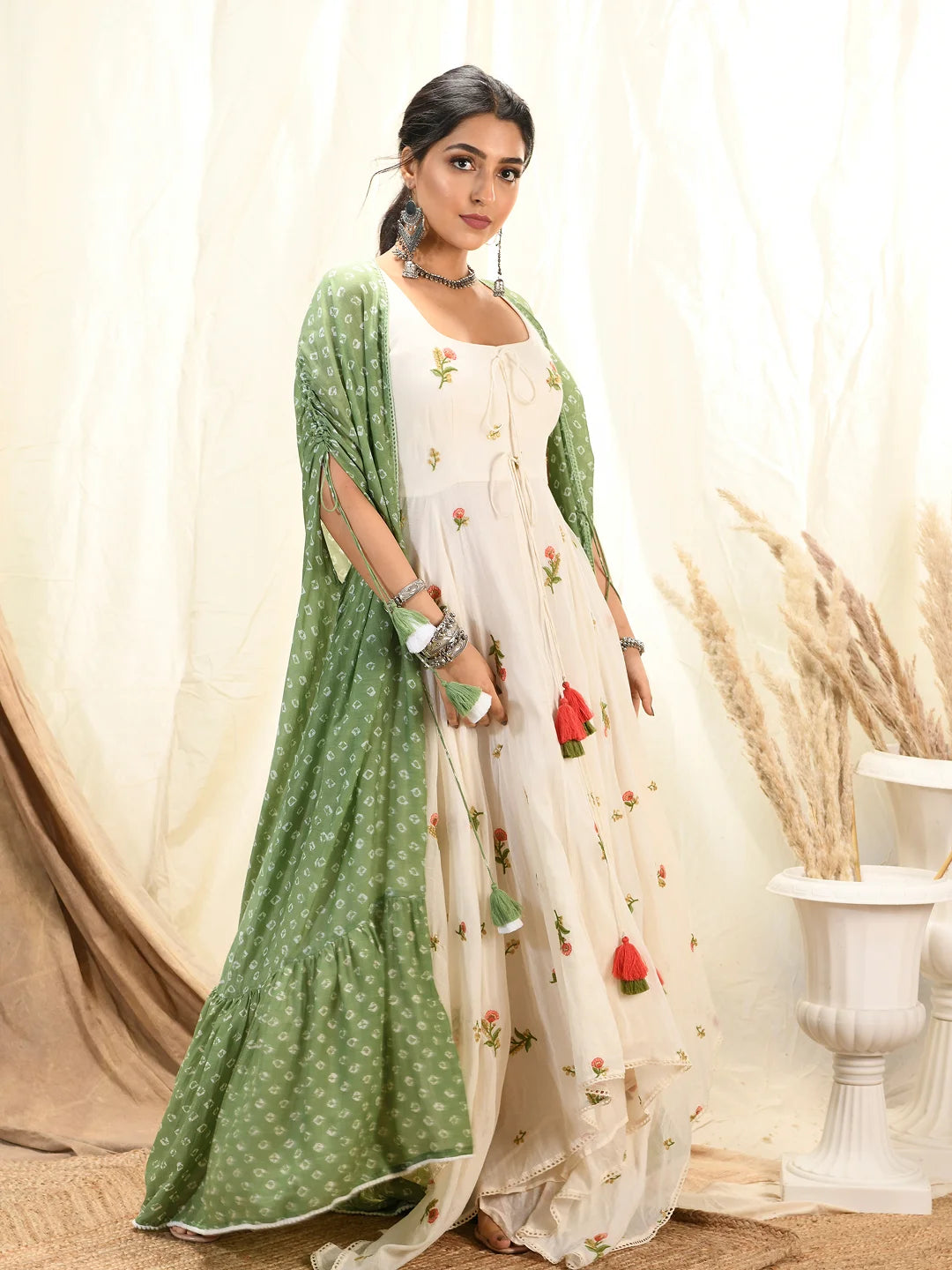 Floral embroidered asymmetrical kurta/dress with bandhni cape