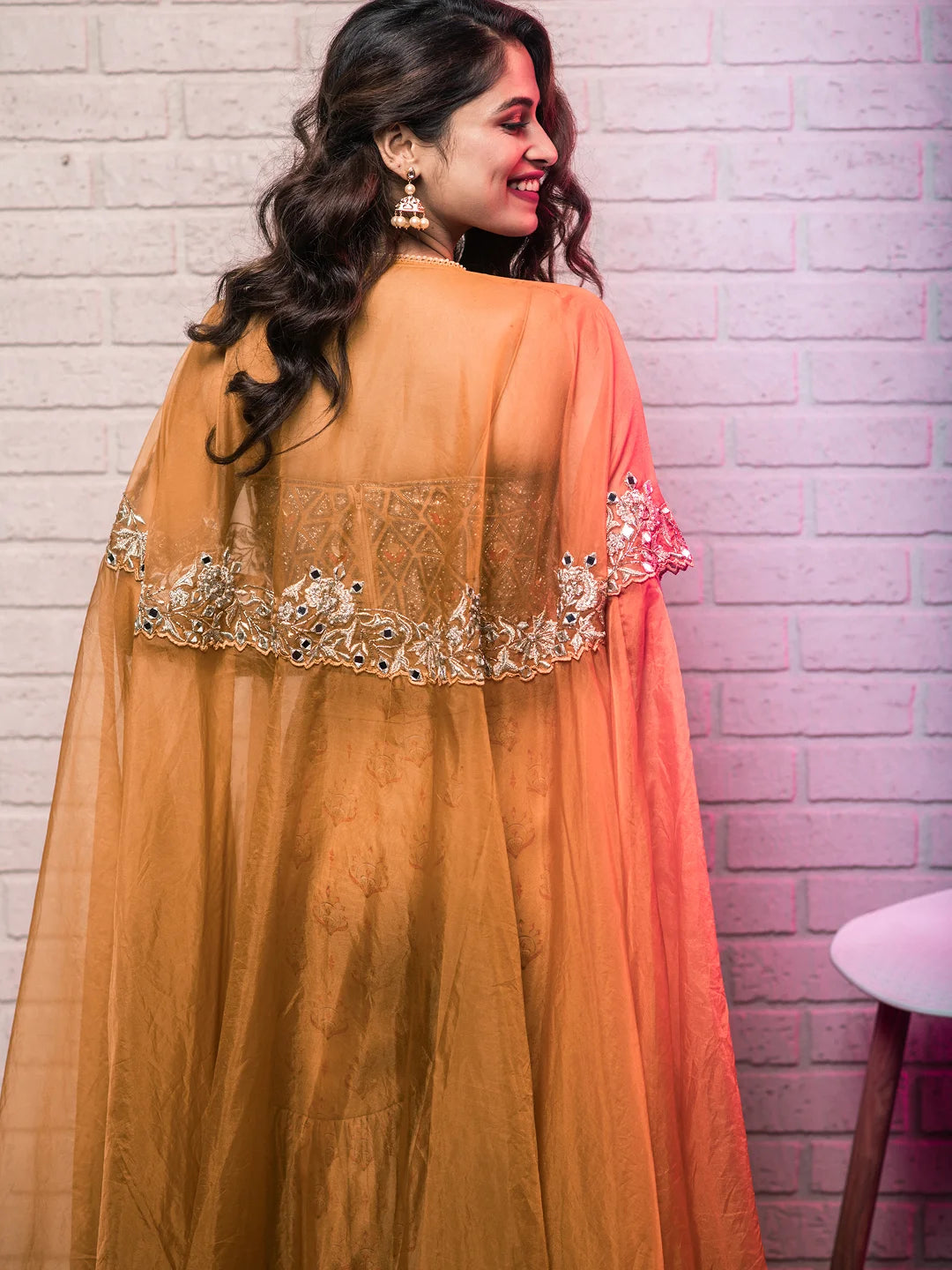 Mustard sharara set with embellished cape