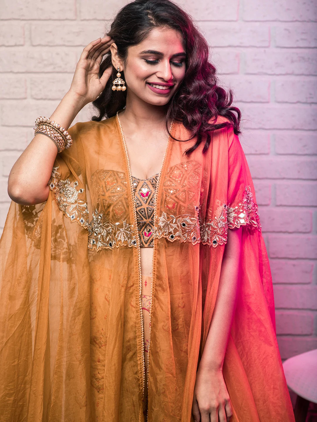 Mustard sharara set with embellished cape