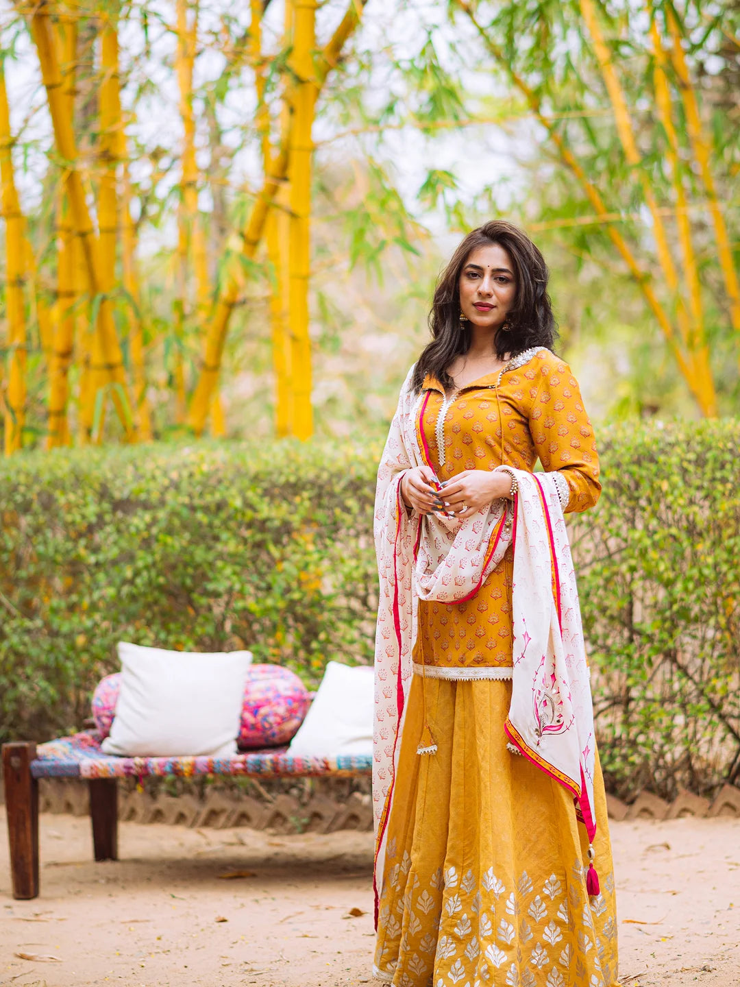 Mustard printed kurta and sharara set with dupatta.