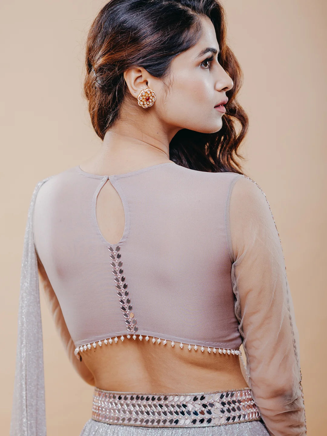 Rose gold shimmer draped skirt saree set