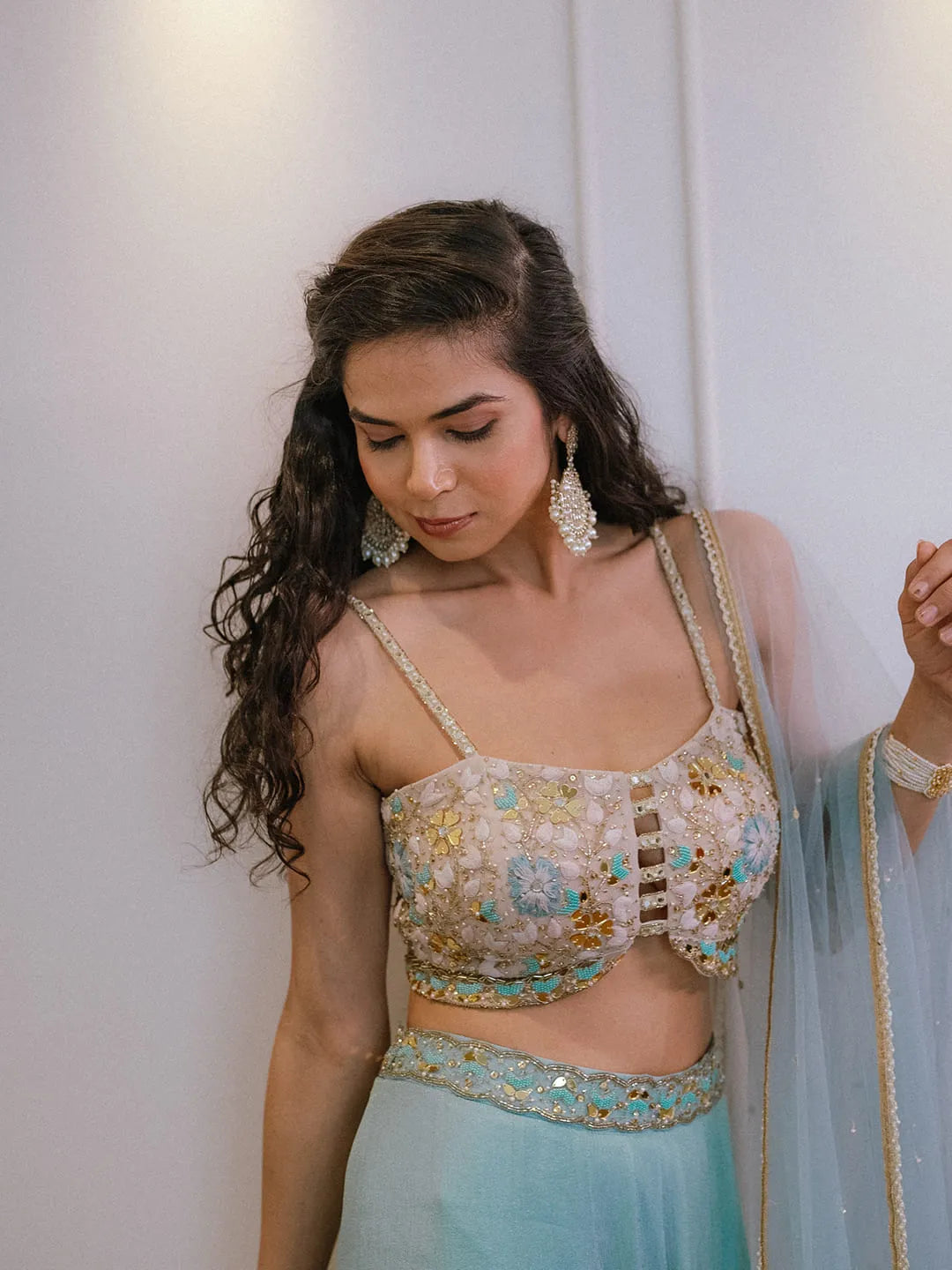 Blue pallazos with strappy embroidered blouse and dupatta set