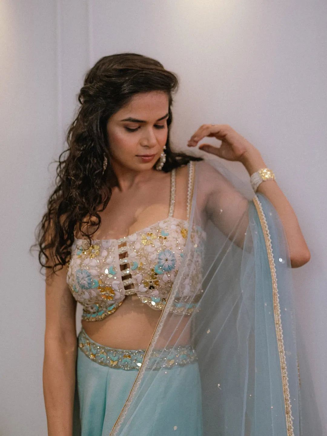 Blue pallazos with strappy embroidered blouse and dupatta set
