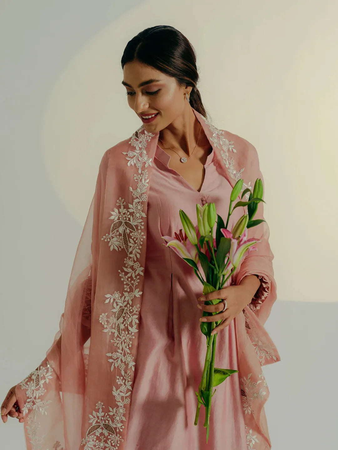 Onion pink thread & pearl embroidered kurta set