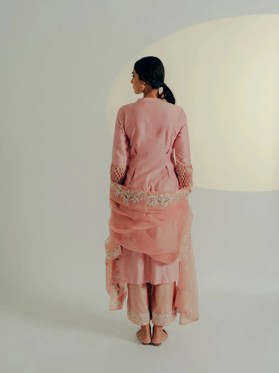 Onion pink thread & pearl embroidered kurta set
