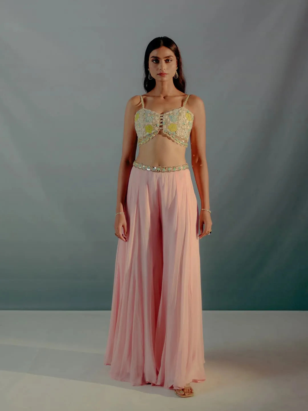 Flamingo pink pallazos & embroidered cutwork blouse set