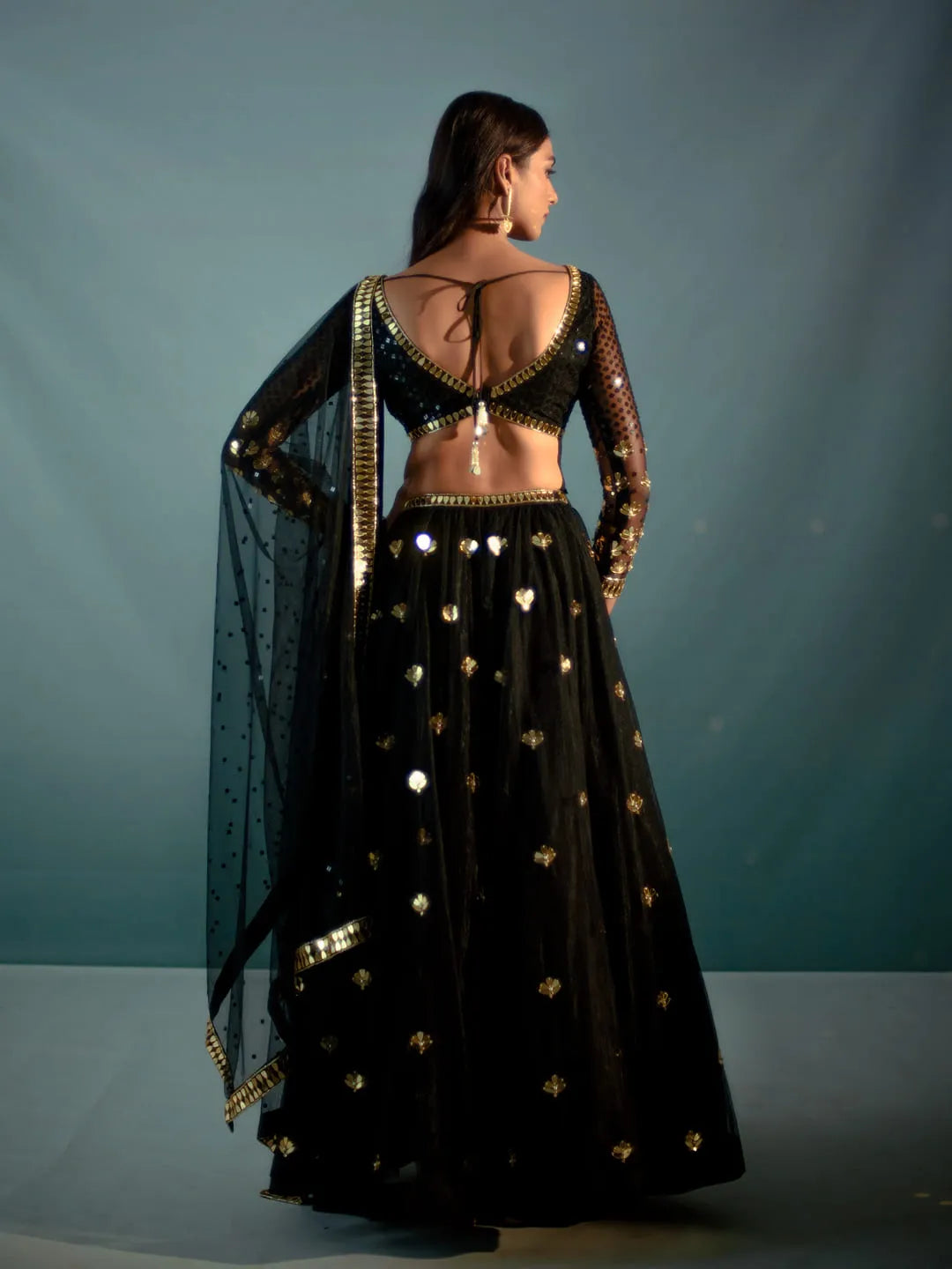 Black acrylic embroidered lehenga set