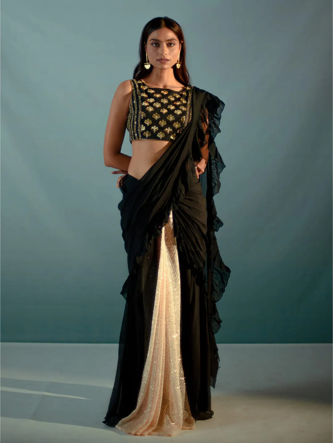Black ruffle concept saree & embroidered blouse set