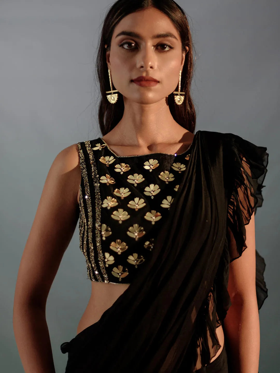 Black ruffle concept saree & embroidered blouse set