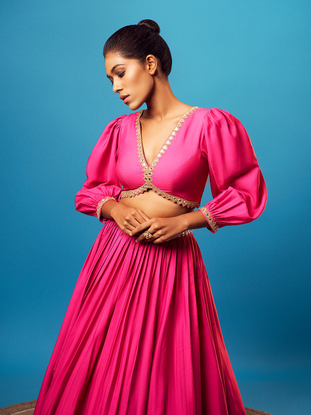 Pink-Orange Ombre Balloon Sleeve Skirt Set