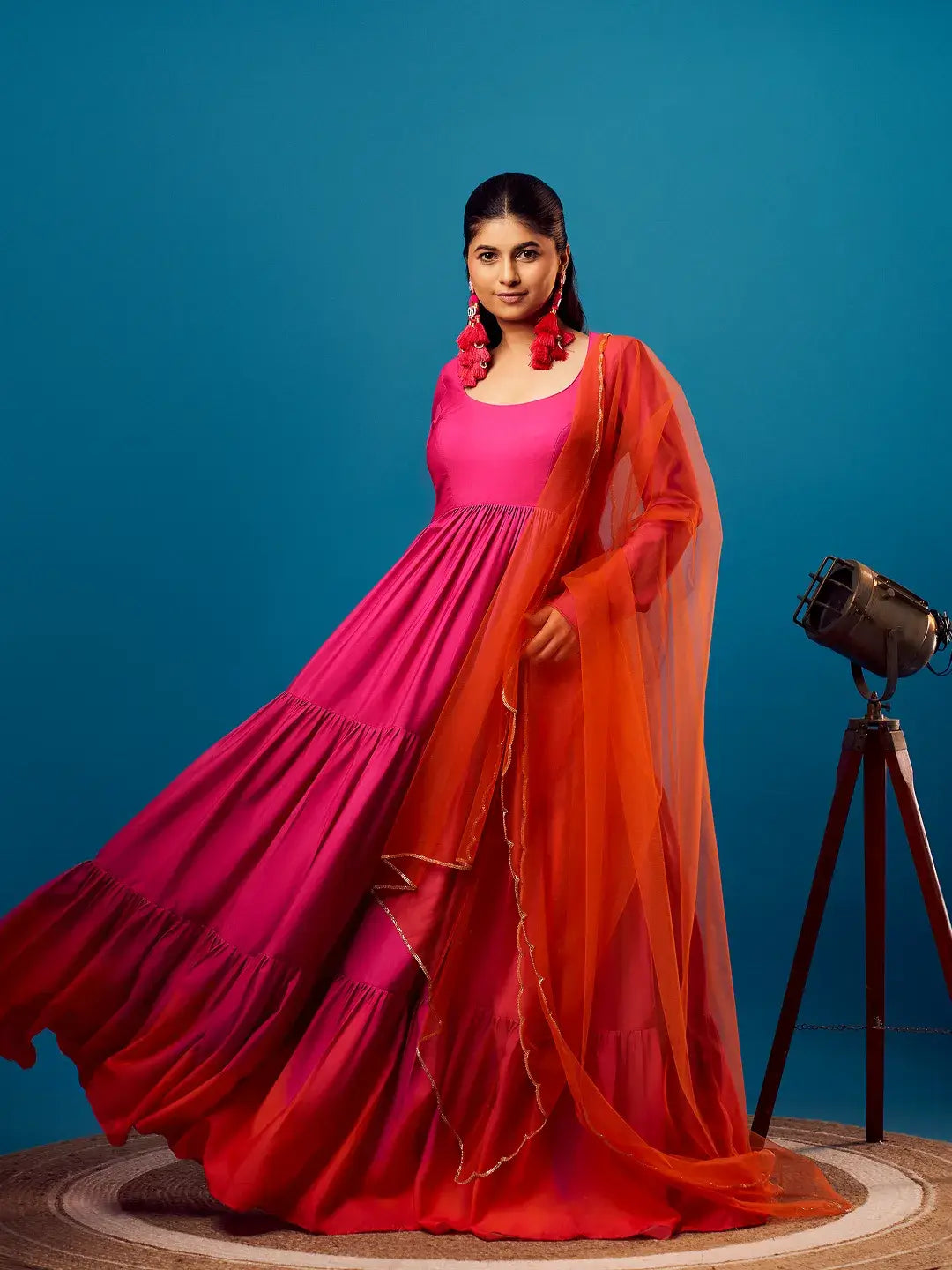 Pink-Orange Ombre Tiered Anarkali Set