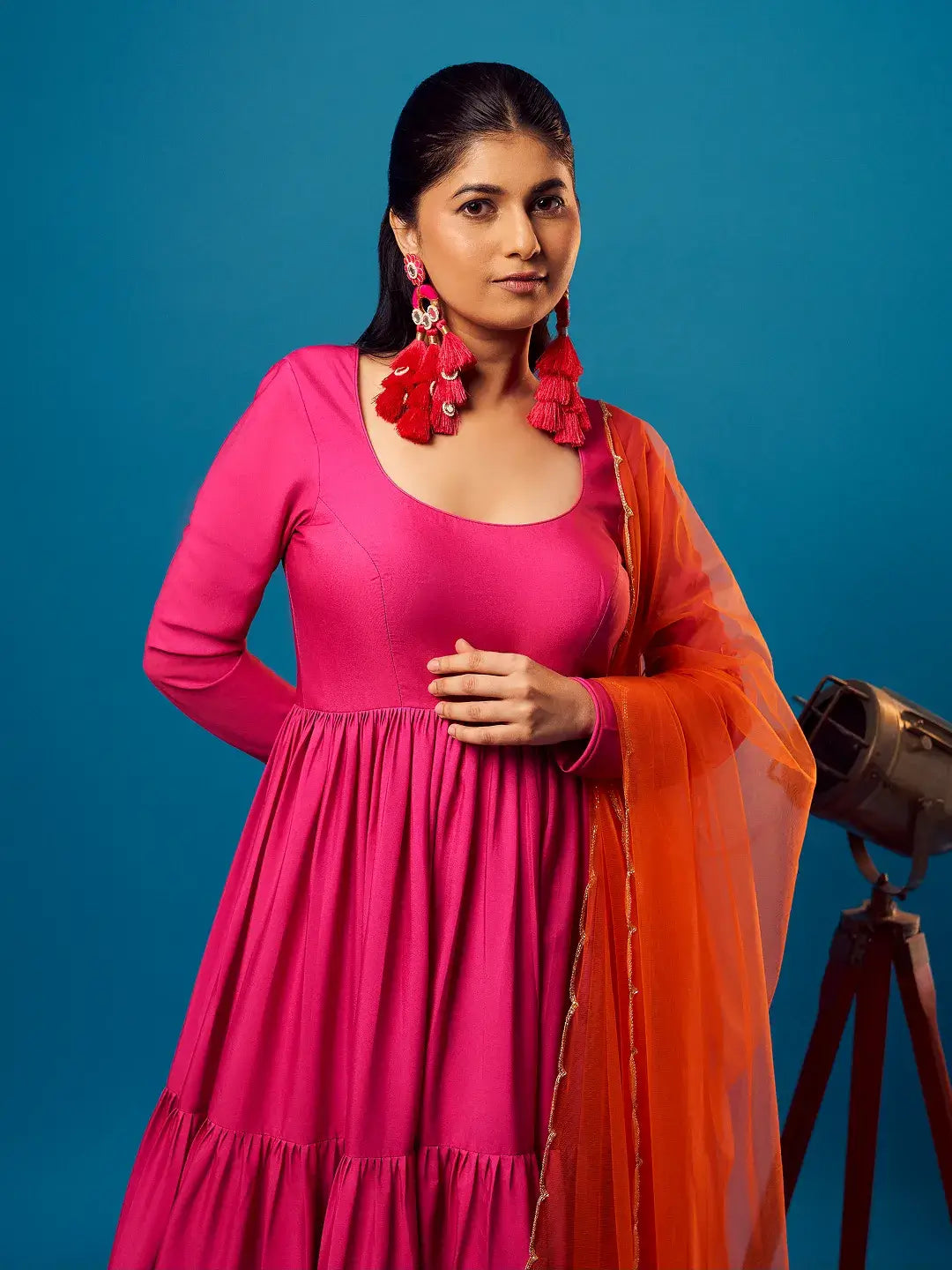 Pink-Orange Ombre Tiered Anarkali Set