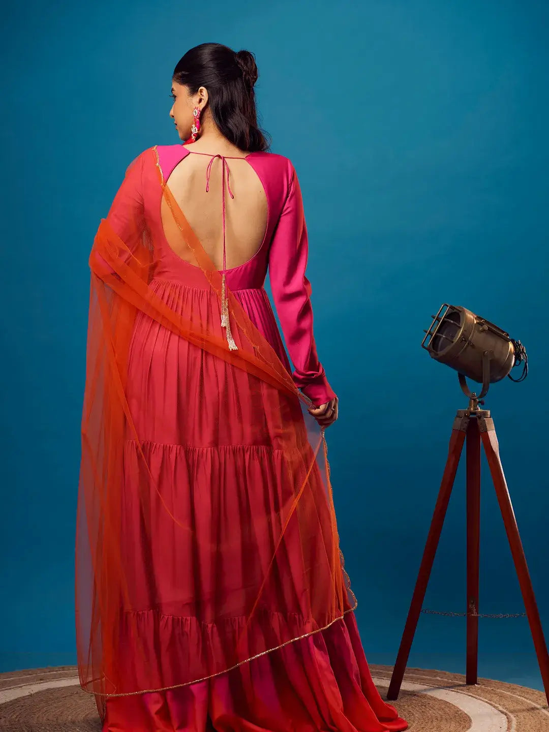 Pink-Orange Ombre Tiered Anarkali Set
