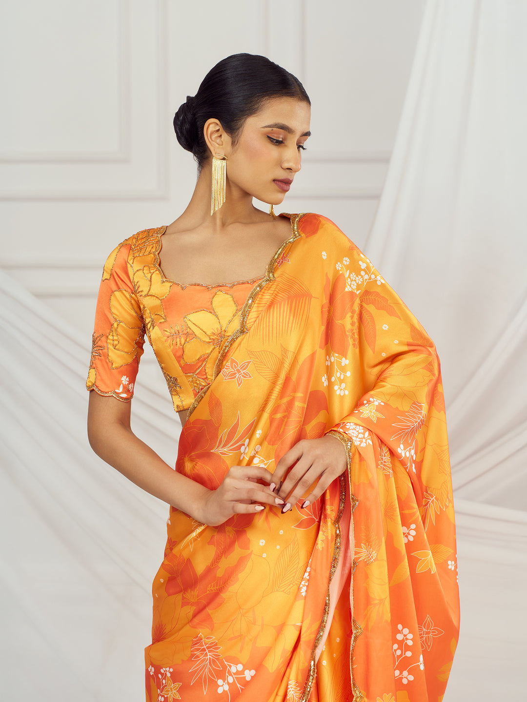 Yellow and Orange Print Scallop Saree Set