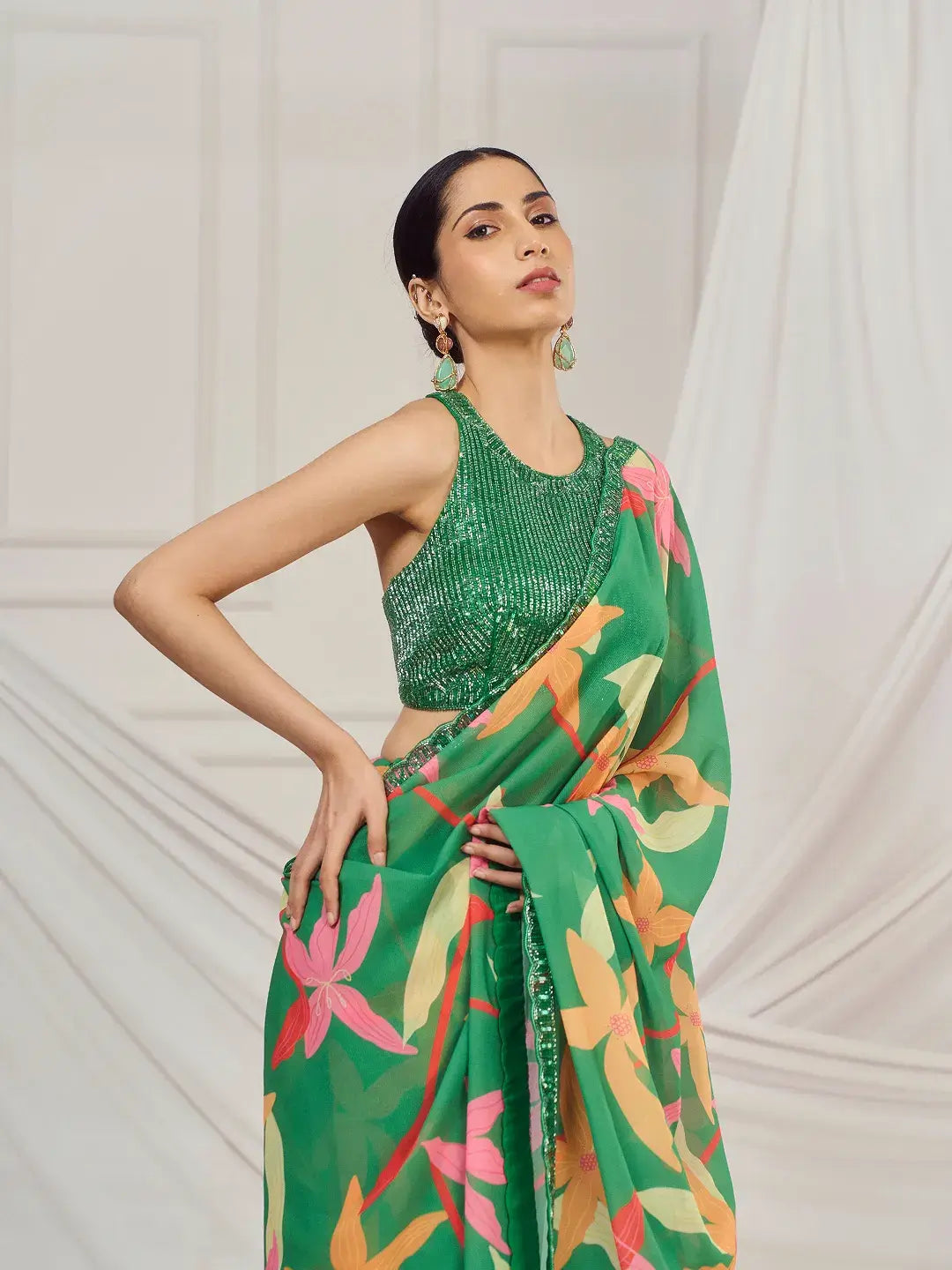 Leaf Green Floral Saree Set