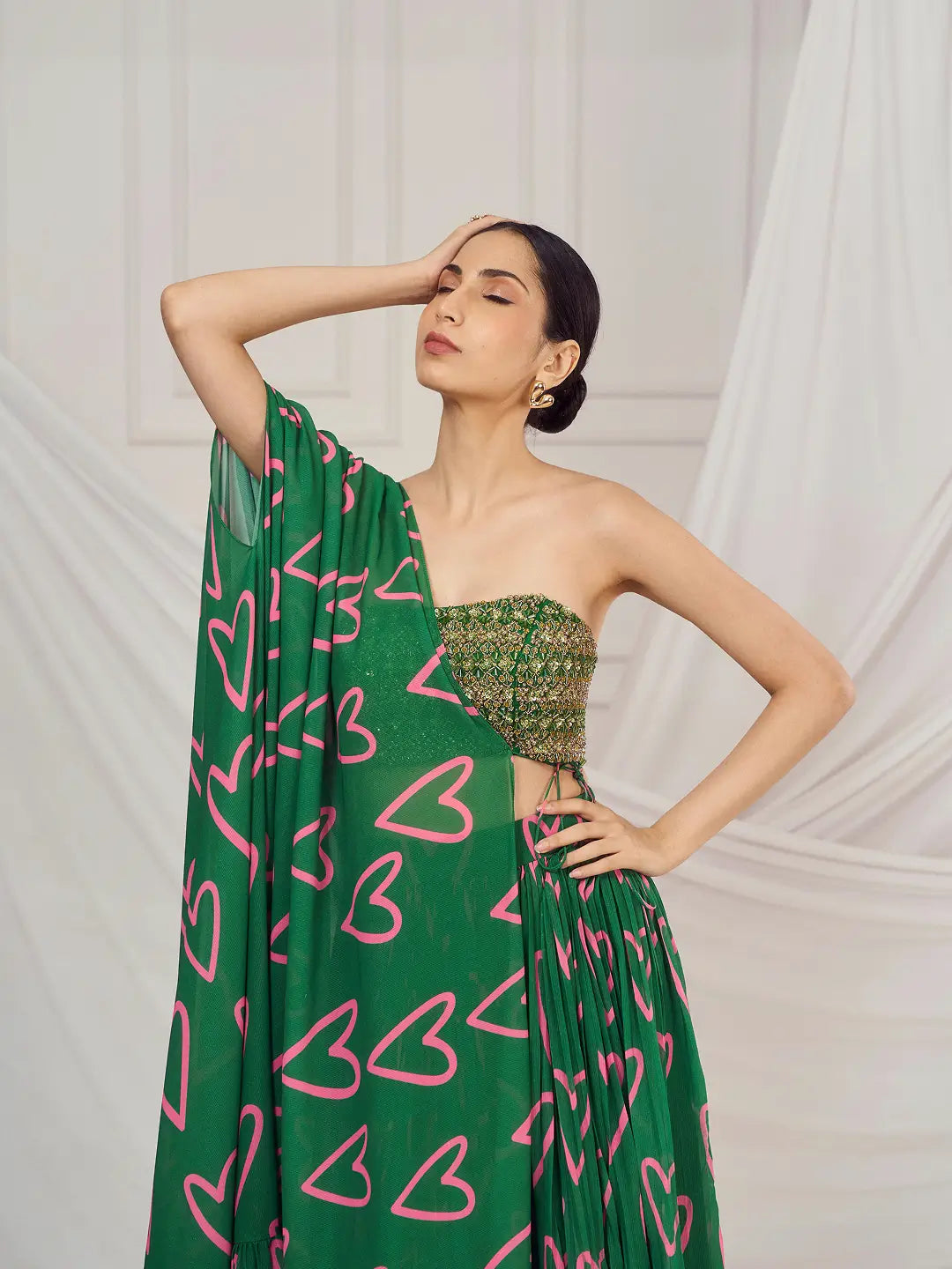 Dark Green Heart Cape and Lehenga Set
