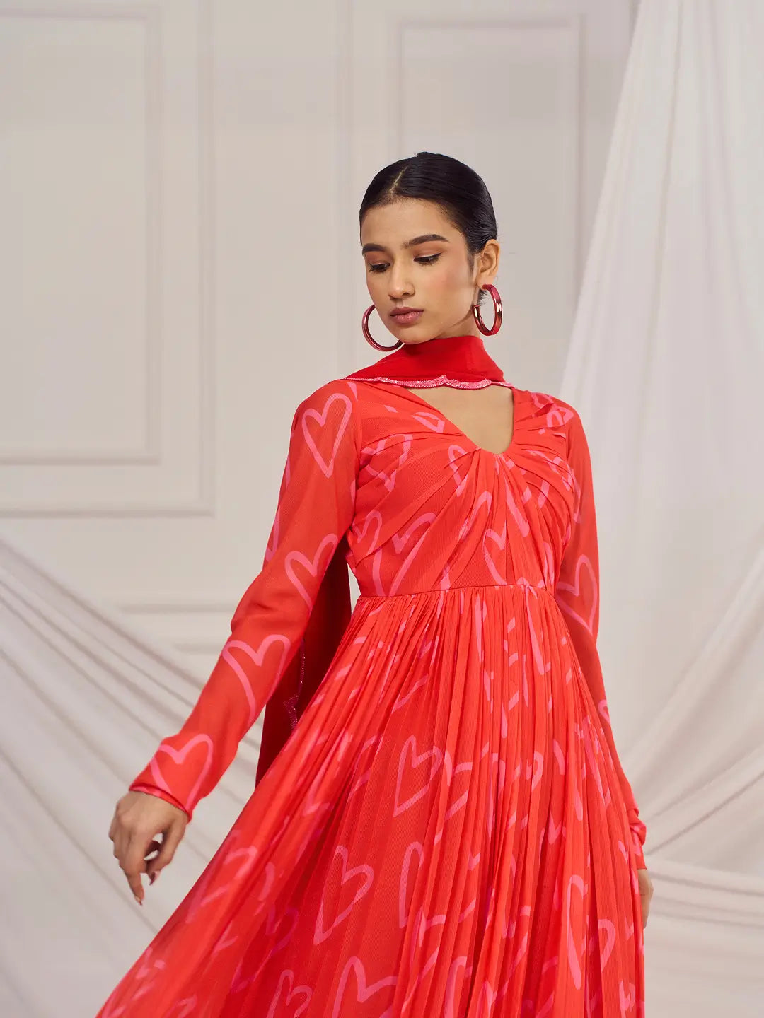 Red Heart Back Knot Anarkali Set