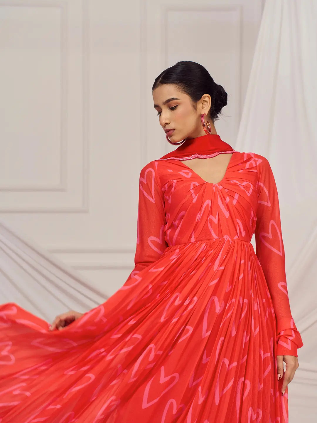 Red Heart Back Knot Anarkali Set