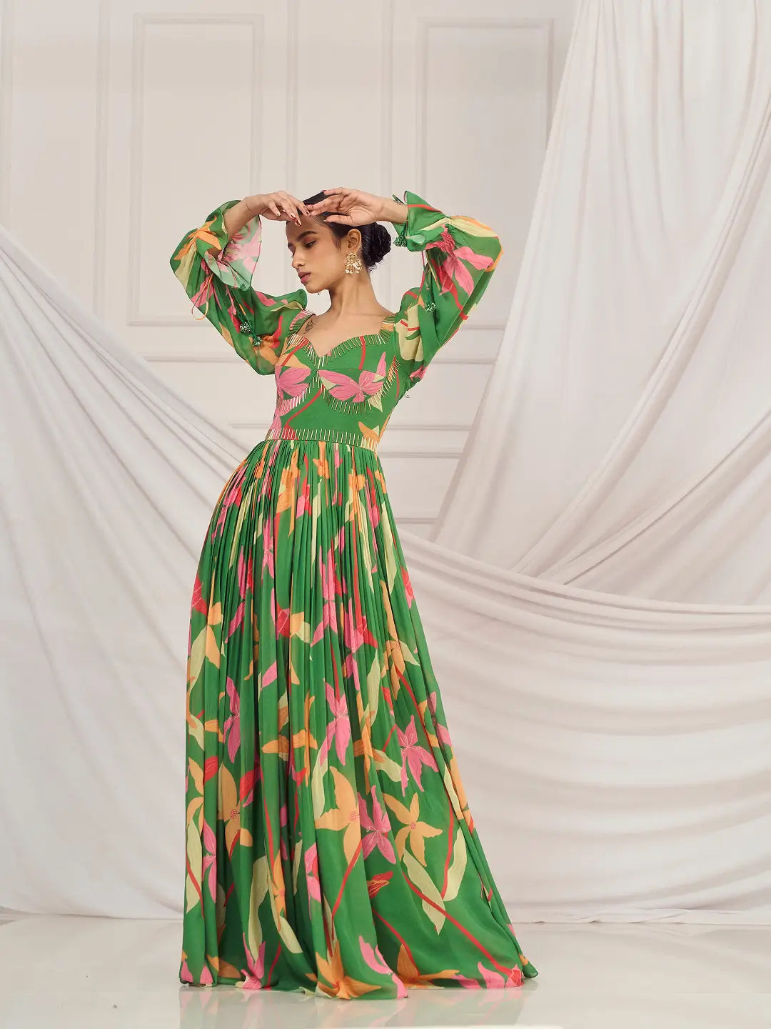 Leaf Green Floral British Sleeves Anarkali Set