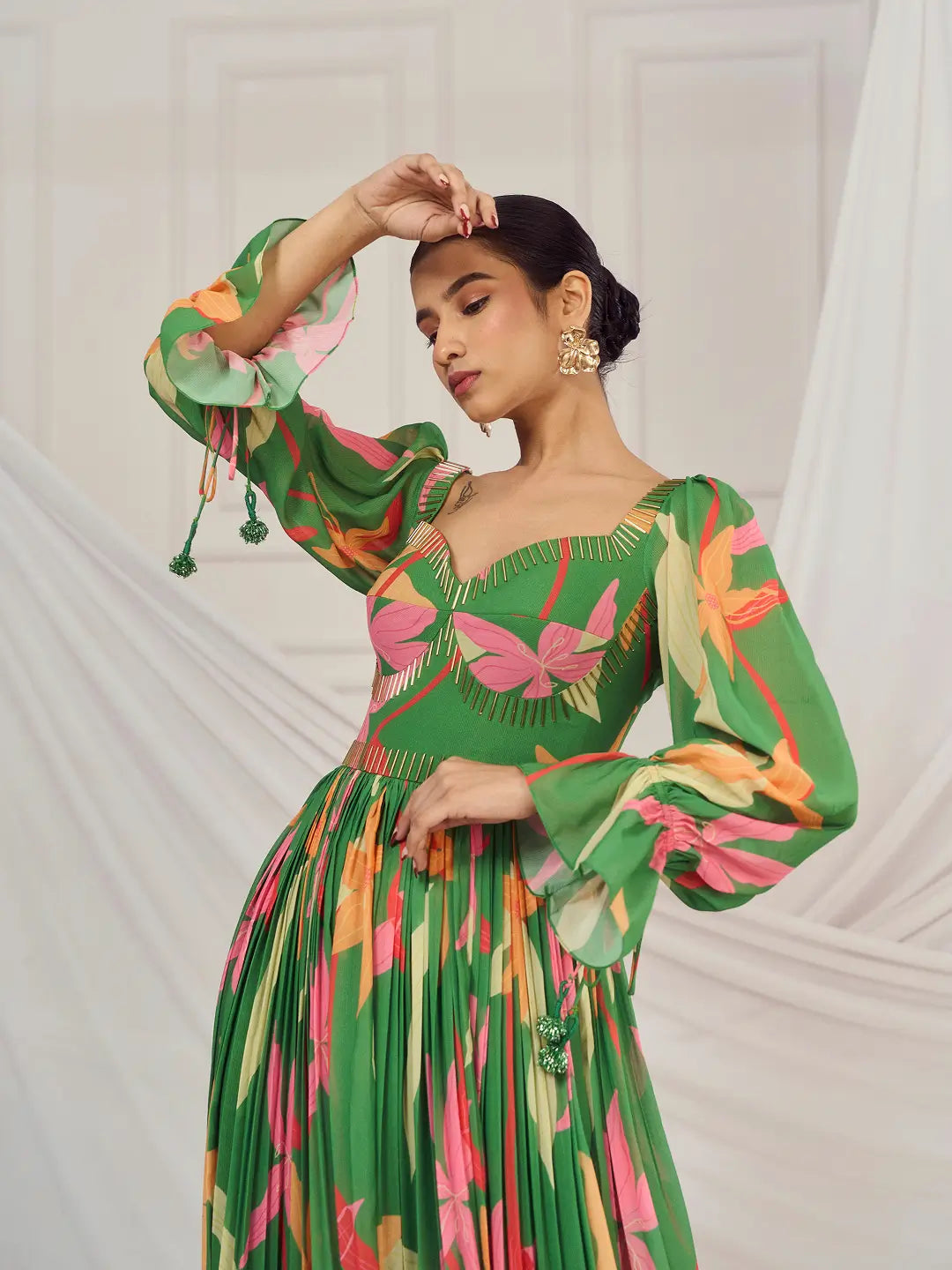 Leaf Green Floral British Sleeves Anarkali Set