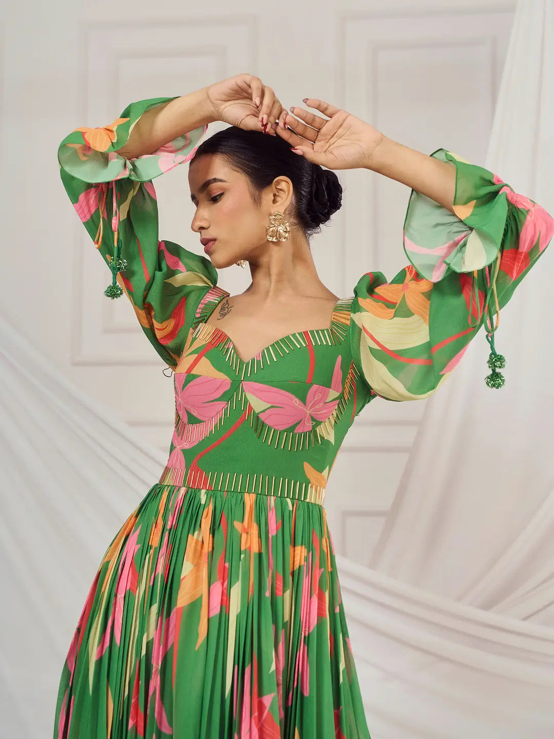 Leaf Green Floral British Sleeves Anarkali Set