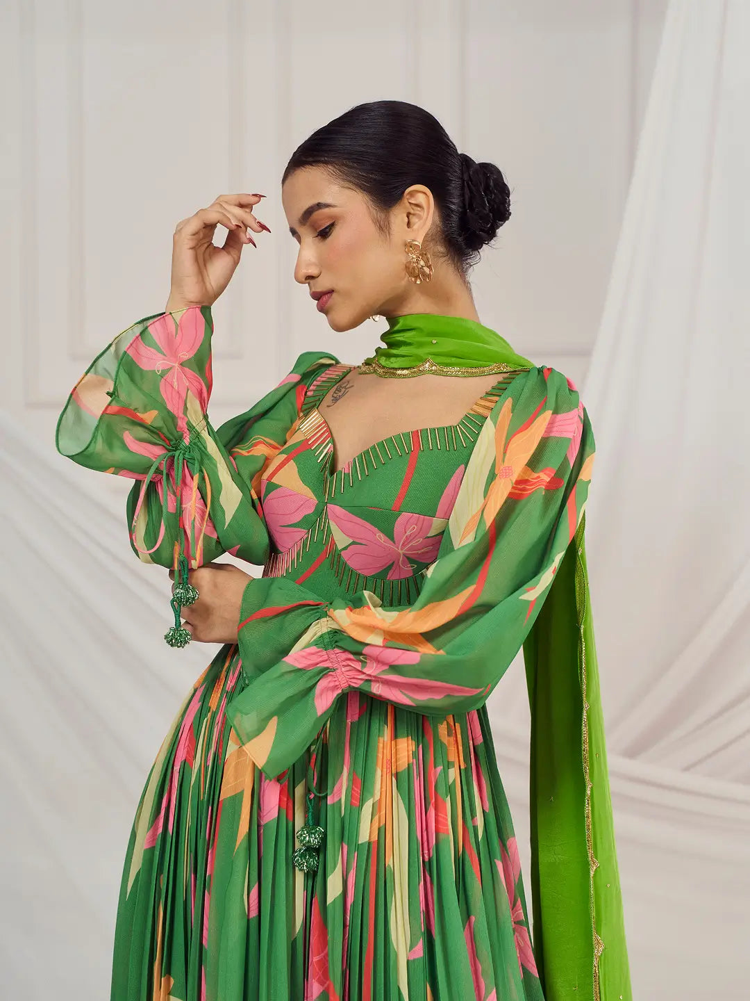 Leaf Green Floral British Sleeves Anarkali Set