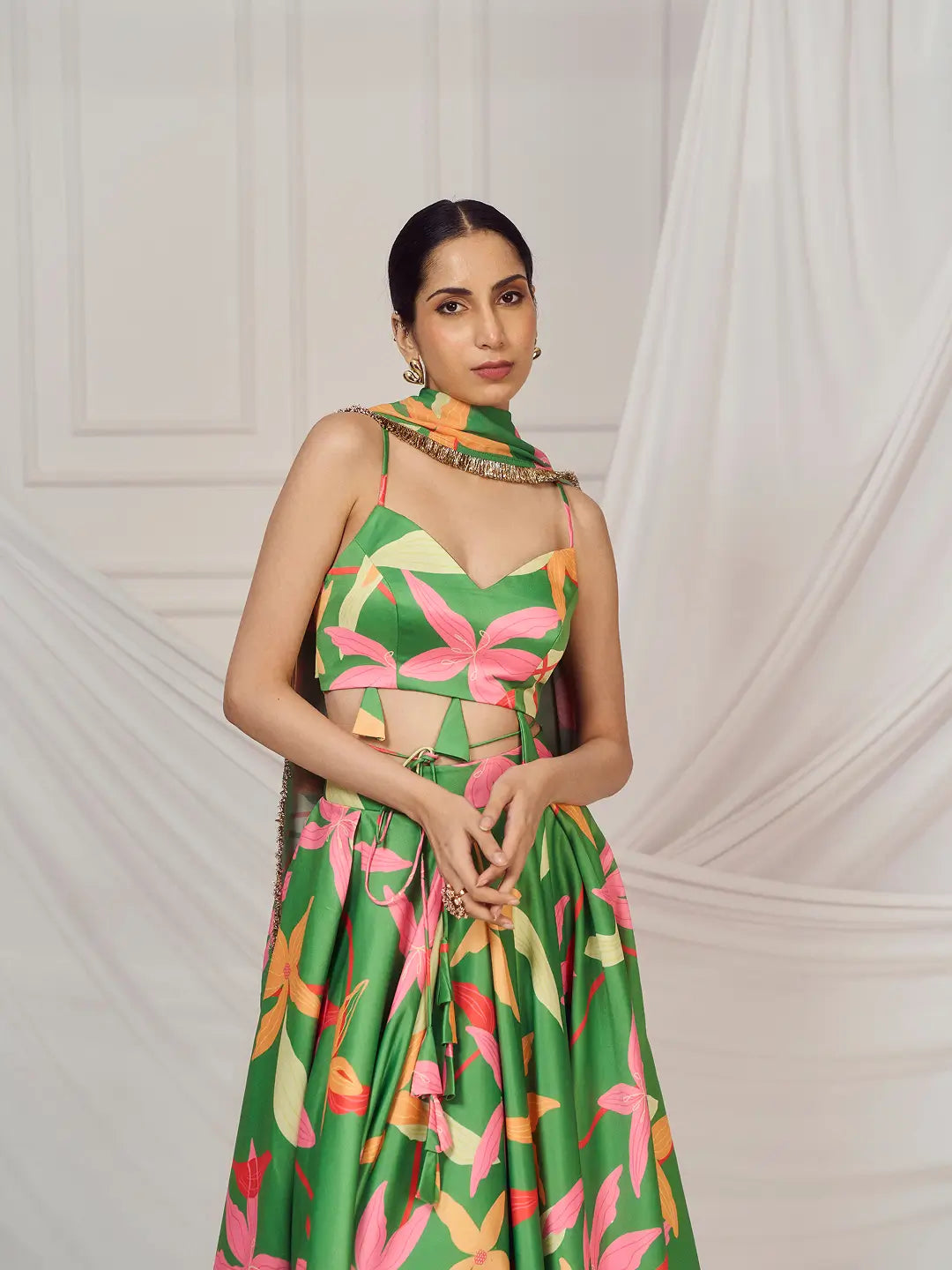 Leaf Green Floral Print Lehenga Set