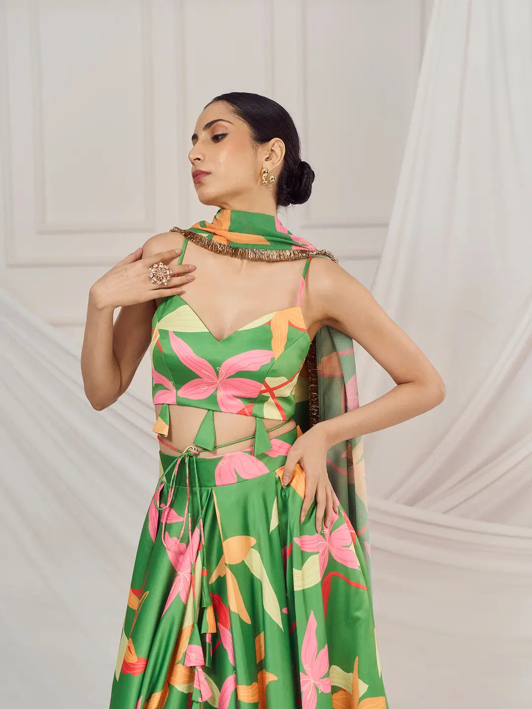 Leaf Green Floral Print Lehenga Set