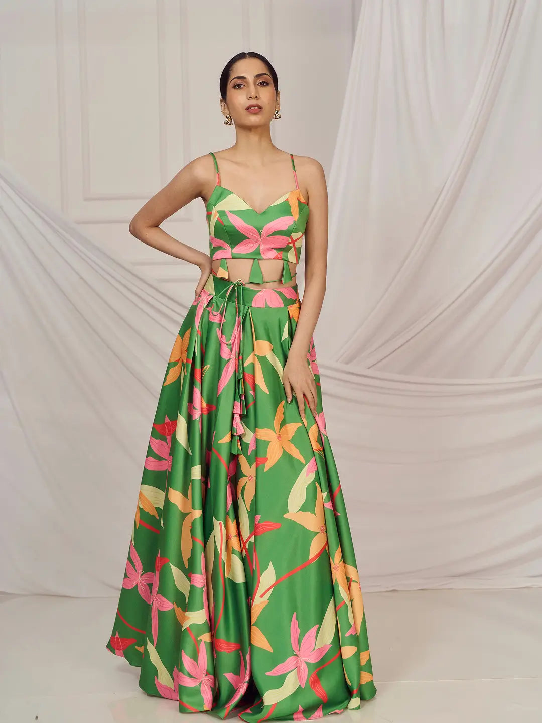 Leaf Green Floral Print Lehenga Set