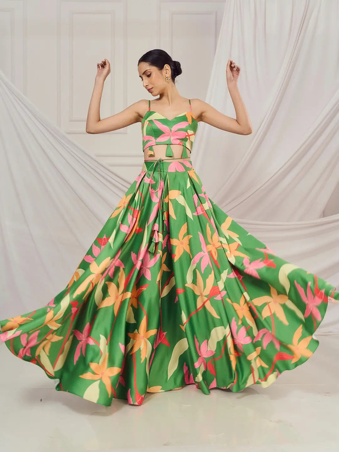 Leaf Green Floral Print Lehenga Set