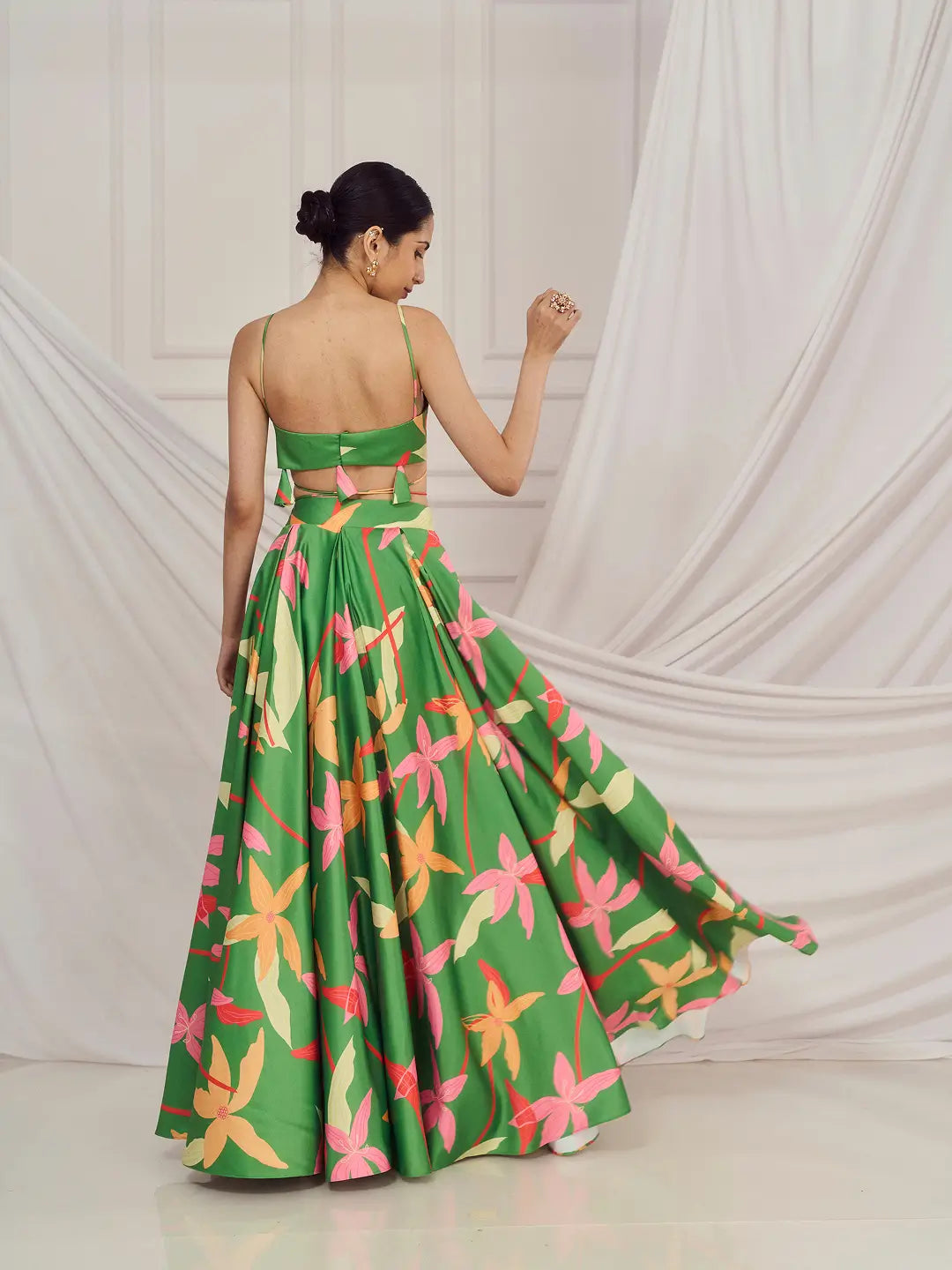 Leaf Green Floral Print Lehenga Set