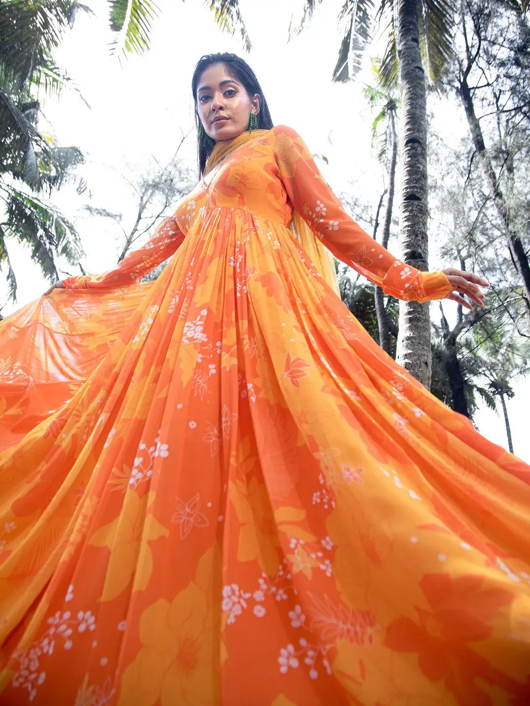 Yellow/Orange Printed Scallop Anarkali Set