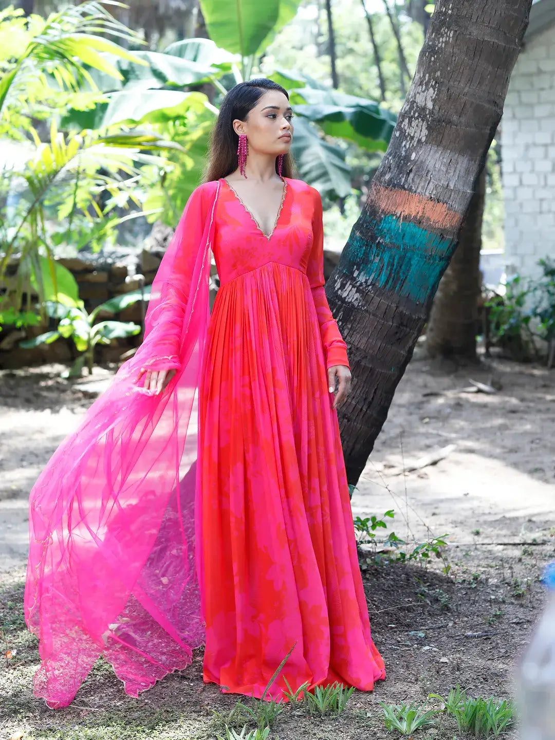 Pink/Red Printed Scallop Anarkali Set