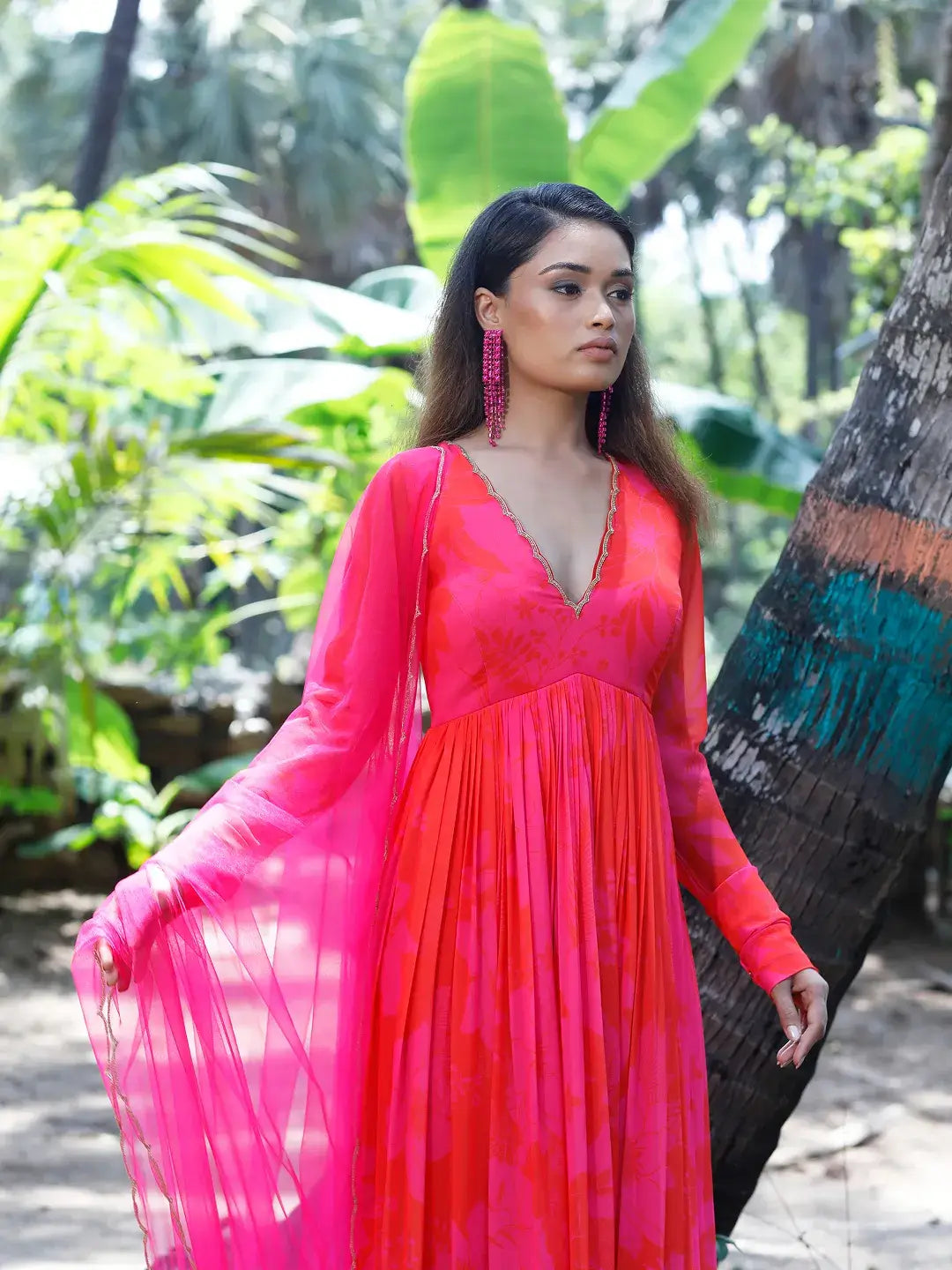 Pink/Red Printed Scallop Anarkali Set